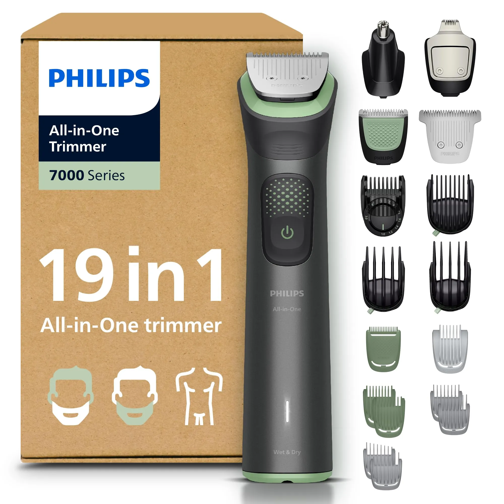 Philips Rifinitore All-in-one Multigroom Serie 7000 19 in 1 - Rifinitore per barba, capelli e corpo, lame autoaffilanti interamente in metallo, 26 impostazioni di lunghezza (0,5-20 mm), MG7962/30