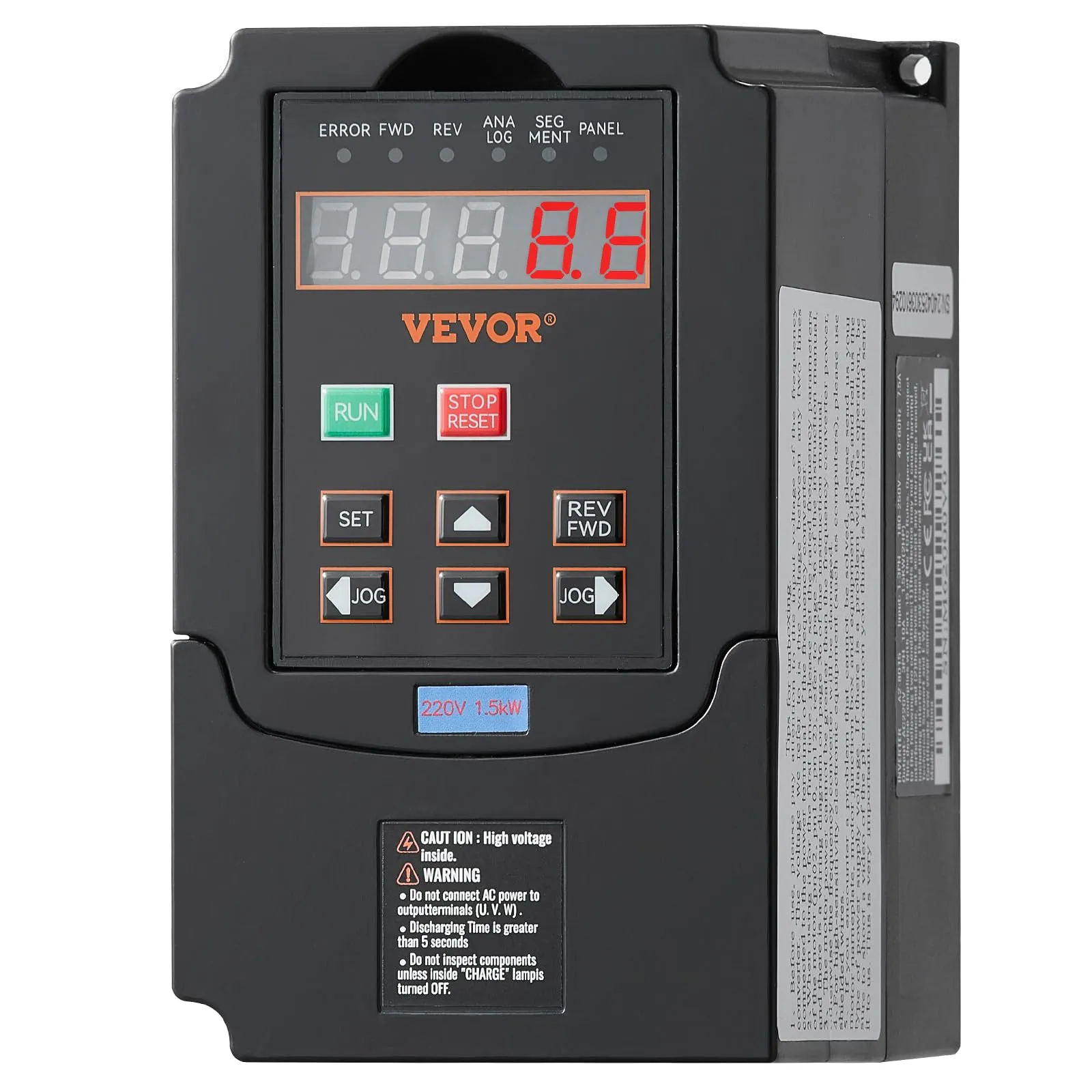 VEVOR VFD 2PS, 1,5KW, 7,5A, Ingresso 220 V Monofase Trifase a Uscita 220 V Trifase Azionamento a Frequenza Variabile, Ingresso 40-60 Hz, Uscita 0-400 Hz VFD per Controllo Velocità CNC Motore Mandrino