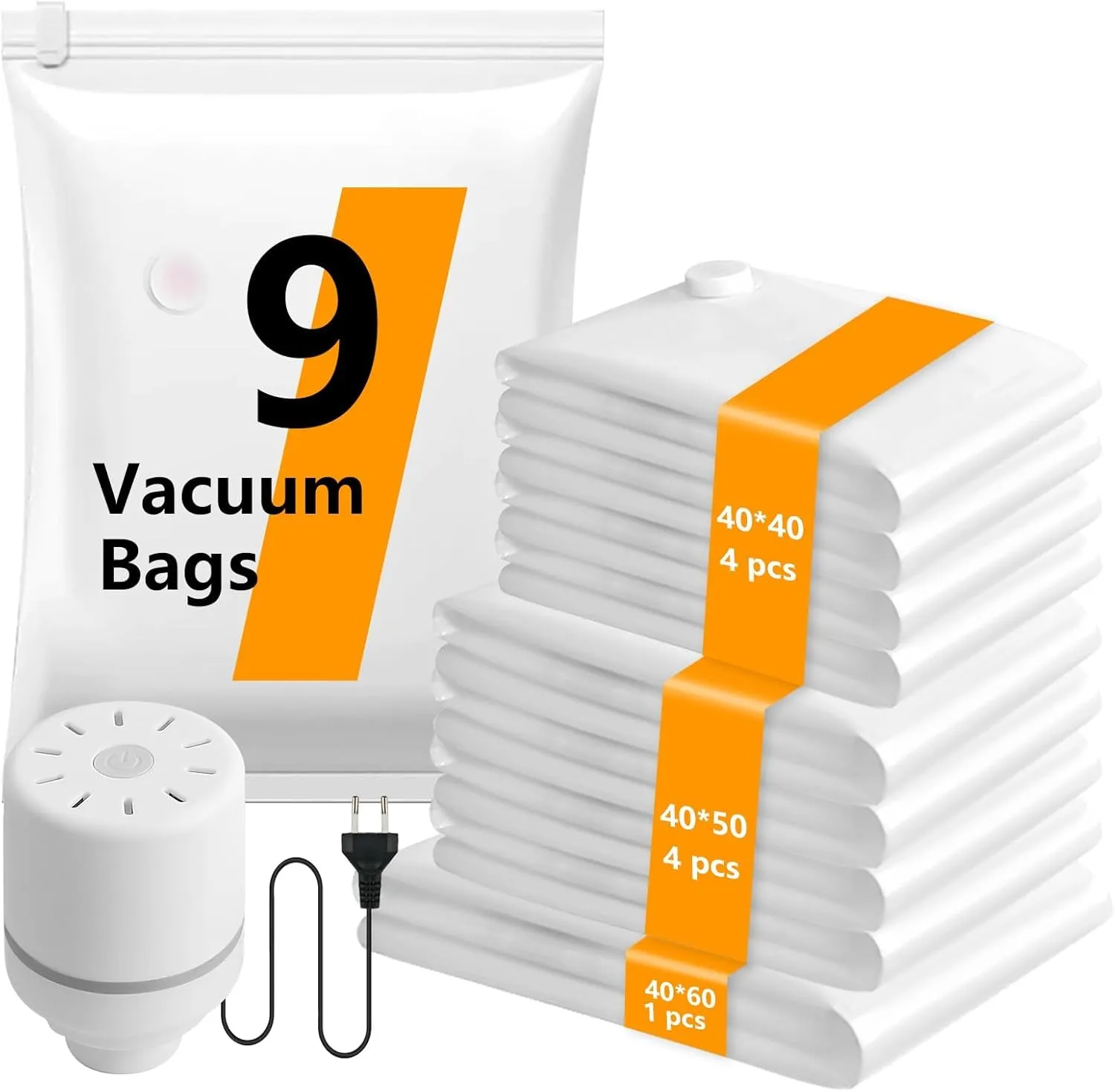 Sacchi Sottovuoto Vestiti con Pompa Elettrica, 9 Pezzi di Buste Sottovuoto Vestiti Riutilizzabili (4 * 40x40cm / 4 * 40x50cm / 1 * 40x60cm), Sacchetti Sottovuoto Piumoni per Maglioni, Camicia, Viaggi