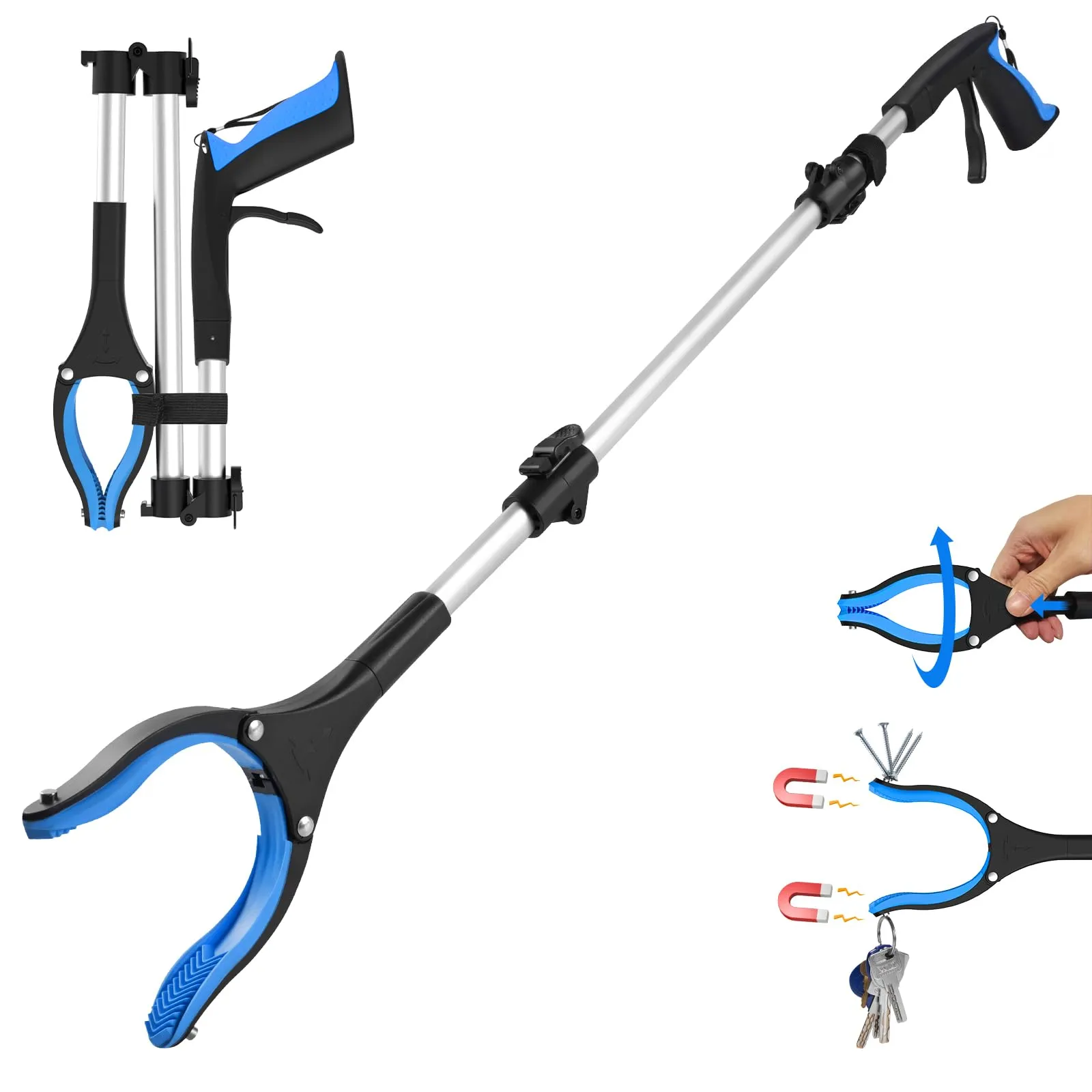 Pinza raccogli oggetti da 91 cm – Bastone prensile pieghevole per anziani, adulti e disabili, pinza telescopica prendi oggetti con testa rotante a 360°, colore blu