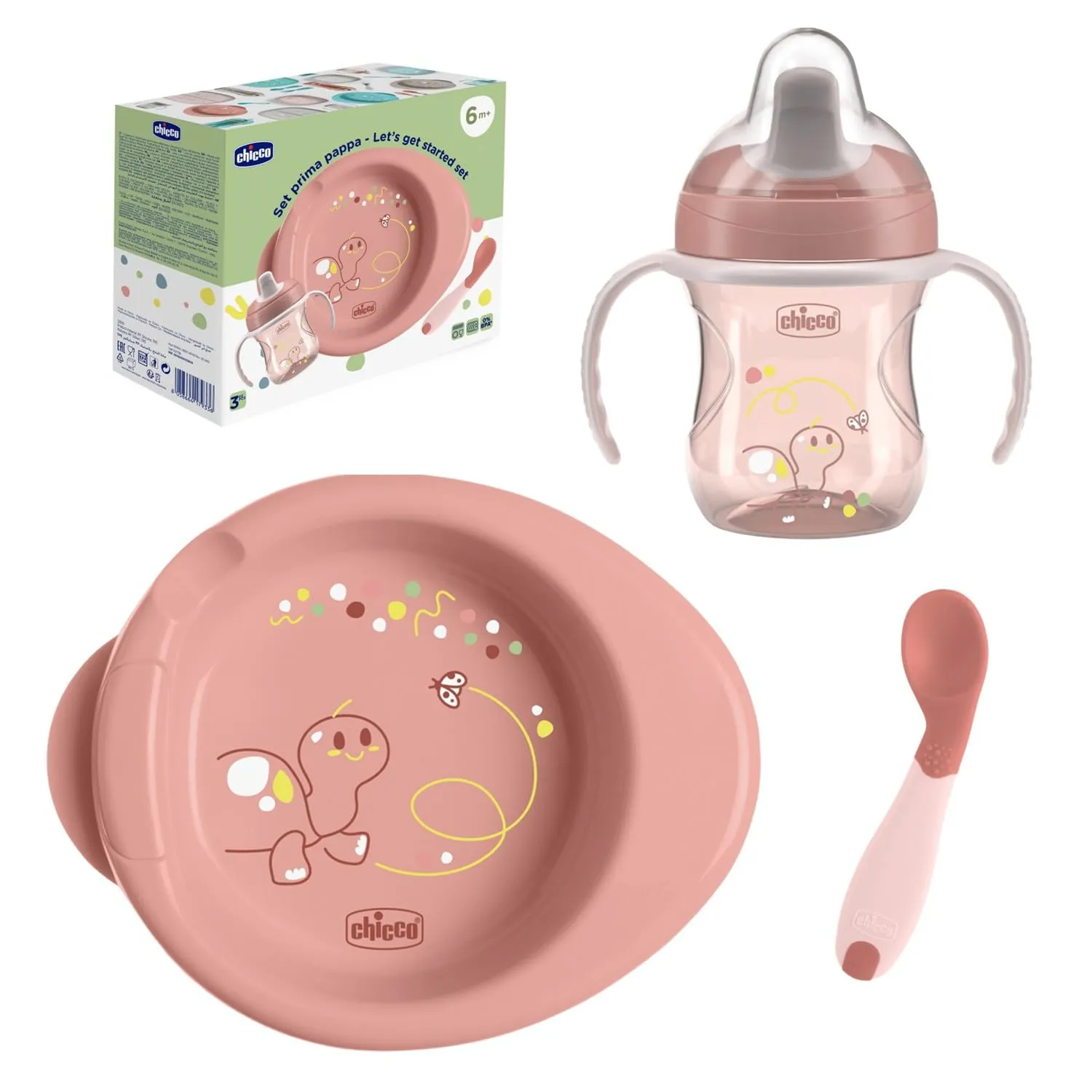 Chicco Set Pappa Completo 6 Mesi+, Tazza Training Cup, Primo Cucchiaio e Piatto Pappa Calda, Kit Svezzamento Antiscivolo, 0% BPA, Rosa, Idea Regalo Bimba