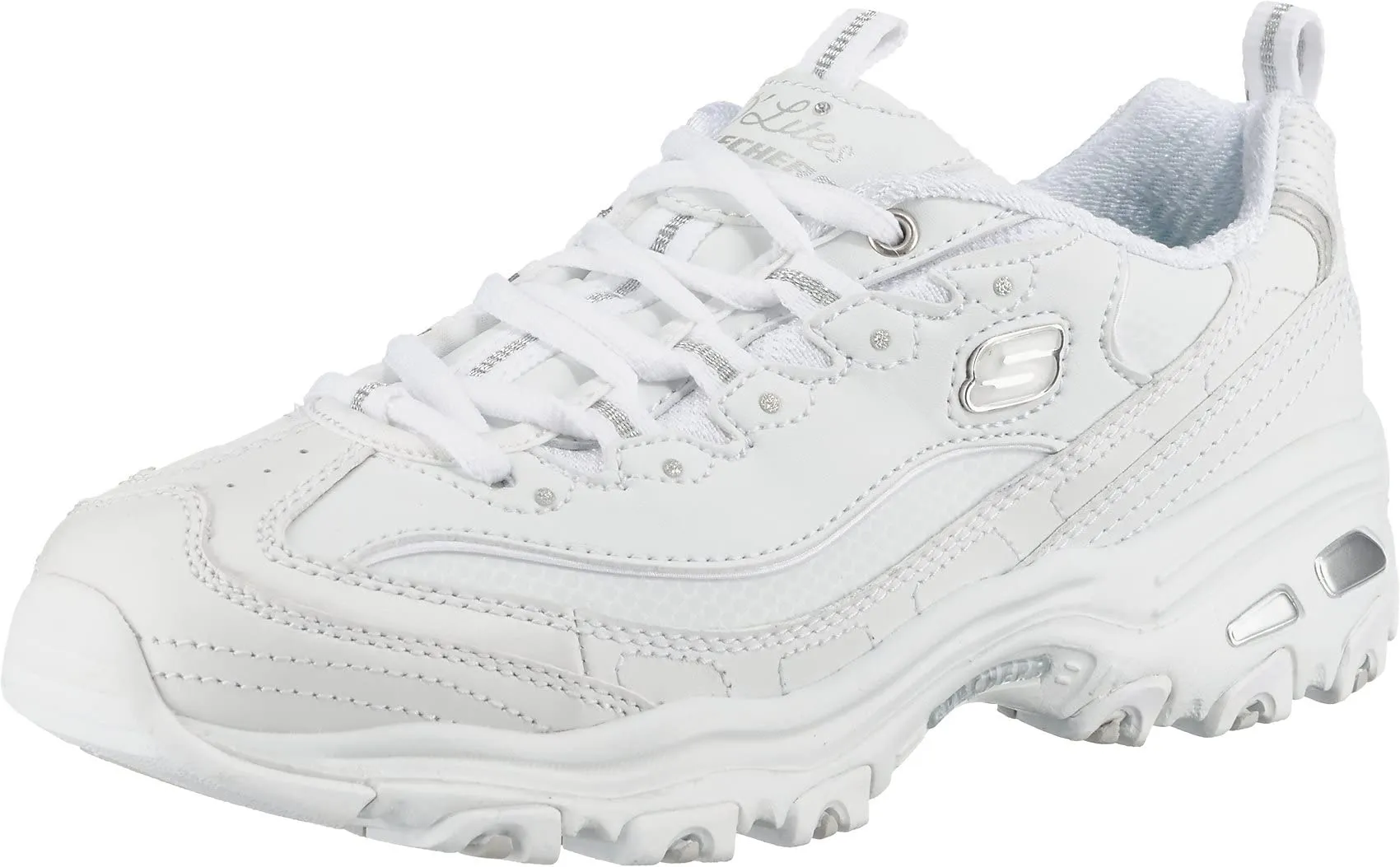 Skechers D'Lites - Fresh Start, Scarpe Donna, White Leather Mesh Silver Trim L, 41 EU