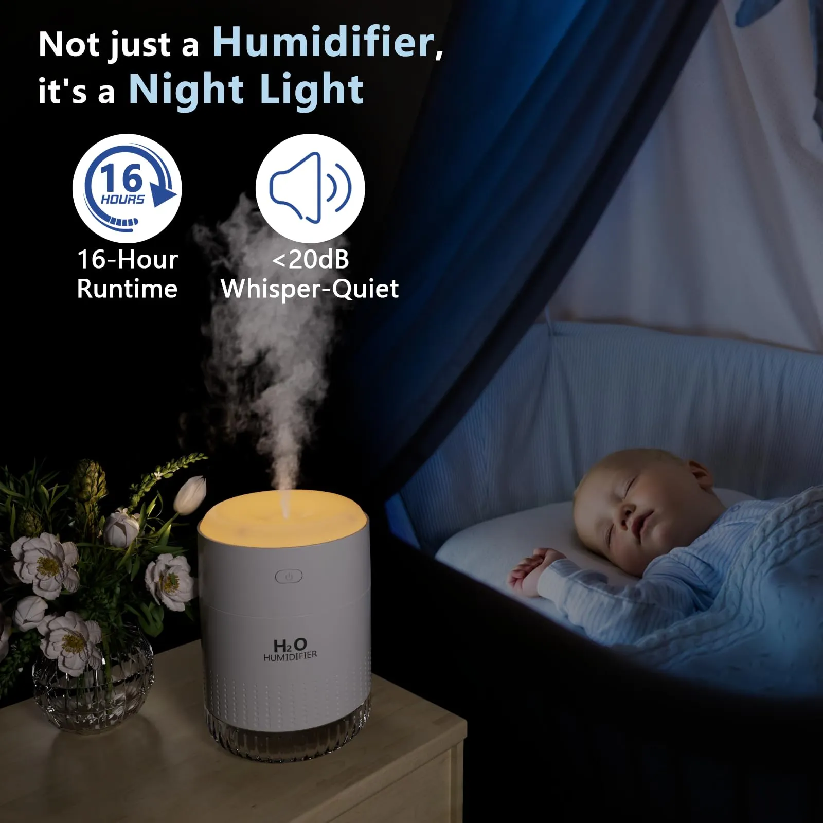 SZO Umidificatore da 500 ml per camera da letto con luce notturna, umidificatori portatili per casa e piante, umidificatori per bambini, funzionamento silenzioso, spegnimento automatico, per camera