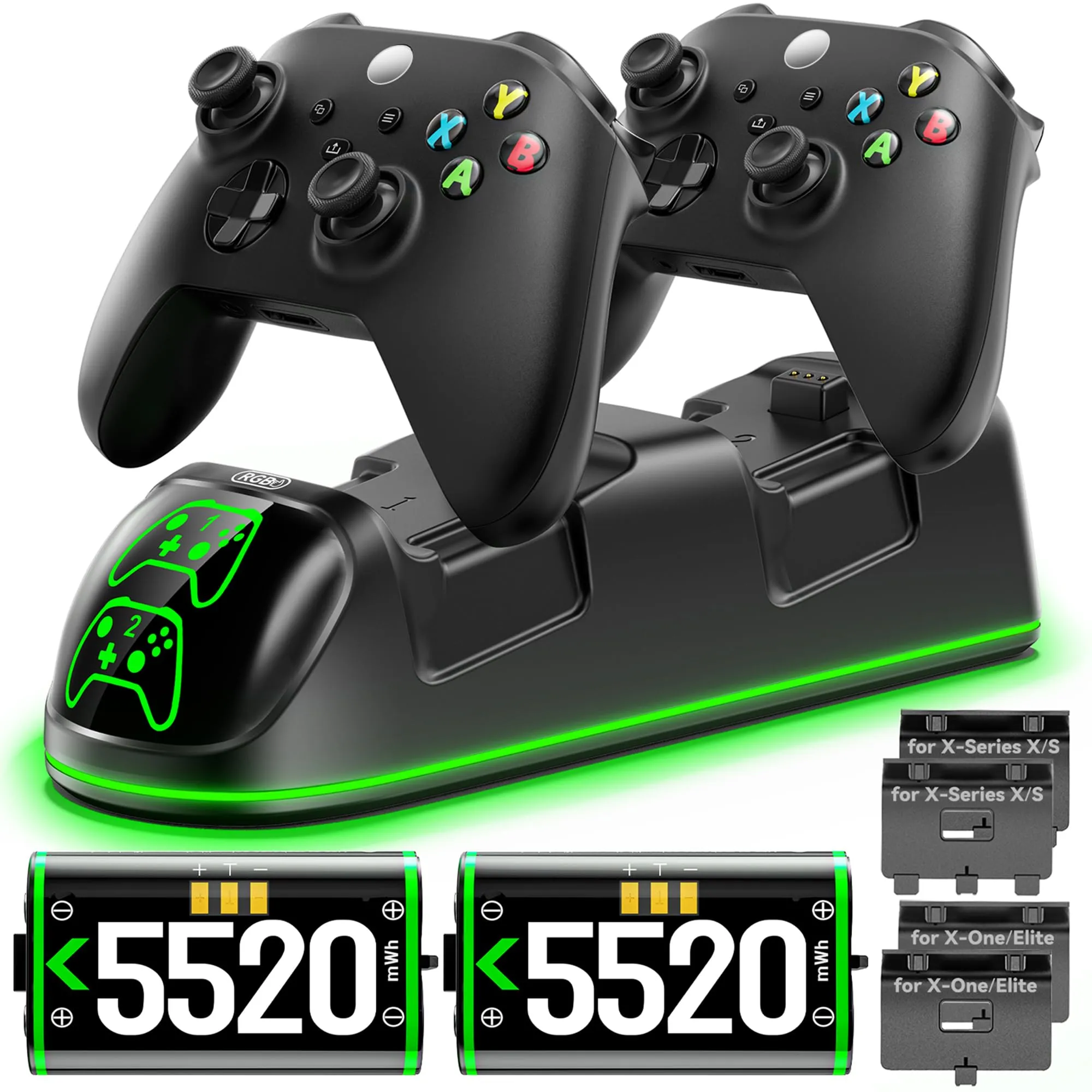 OIVO per Xbox Caricatore con 2x5520mWh Batterie per Xbox Series/One X/S/Elite Controller, Base di Ricarica Controller per X box con 2 Batterie Ricaricabili e 4 Coperchi per Batterie