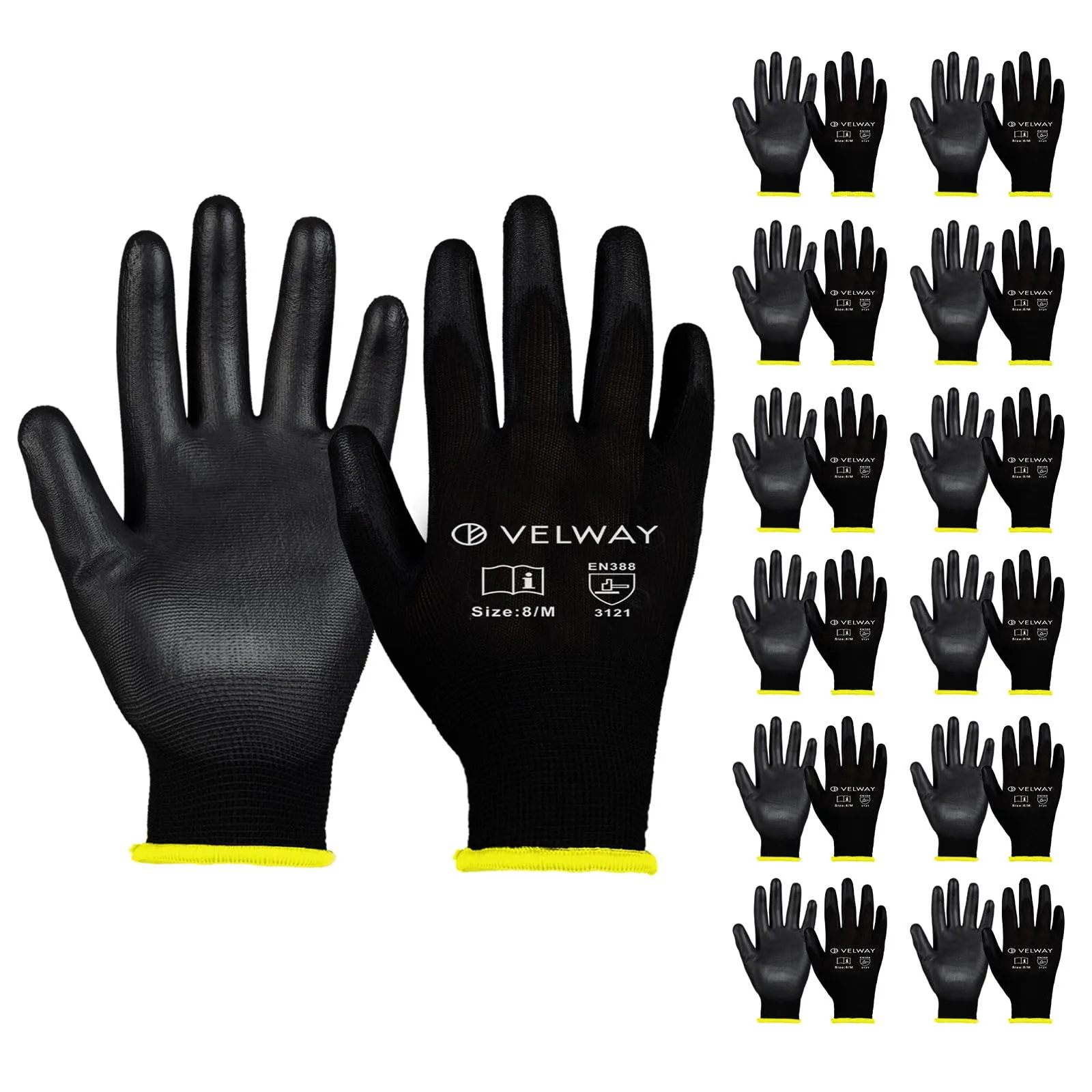 Velway Guanti da Lavoro Protettivi 12 Paia - Resistenti all'Abrasione - Fibra Poliestere con Rivestimento in PU - Versatile Protezione Meccanica Industriale Giardinaggio Montaggio - Nero Taglia 8/M
