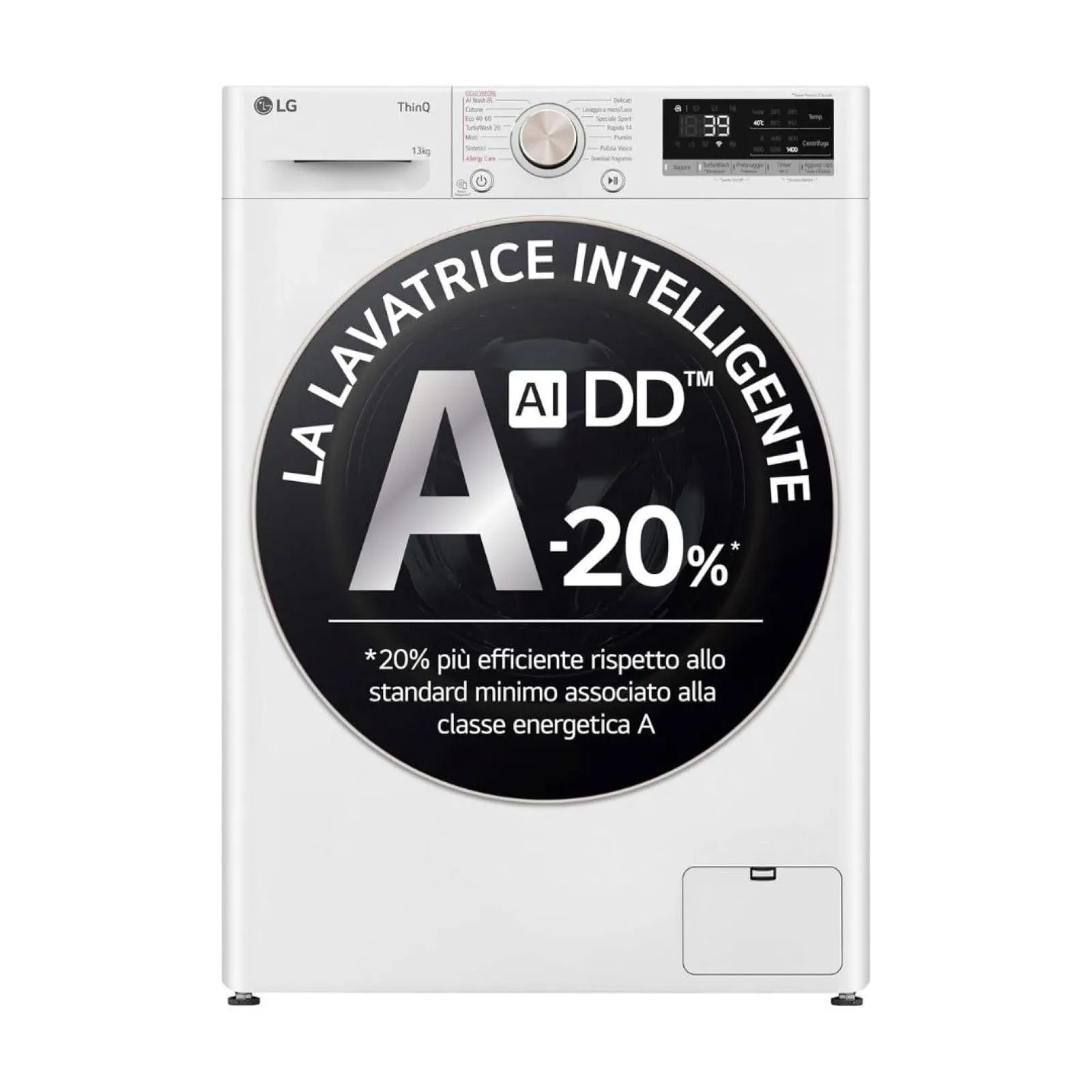LG AI DD F4R7013TSWG Lavatrice 13kg, a Carica Frontale, Serie R7, Lavatrice Classe A -20%, 1400 giri, TurboWash 360, Vapore su 7 Programmi, Wi-Fi, Inverter Direct Drive, Libera installazione, Bianco