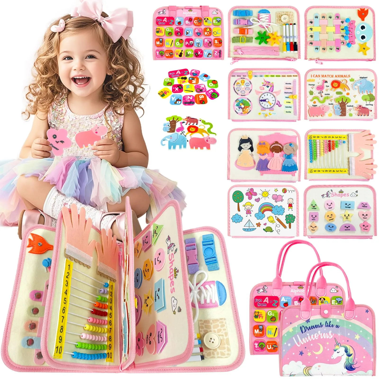 Sumtoco Busy Board, Giochi Montessori 1 Anno, Giochi Bambini 2 Anni, Libro Montessori Interattivo, Regalo Bambina 1 2 3 4 5 Anni, Montessori 2 Anni, Libri Bambini 1, Quiet Book, Regalo di Compleanno