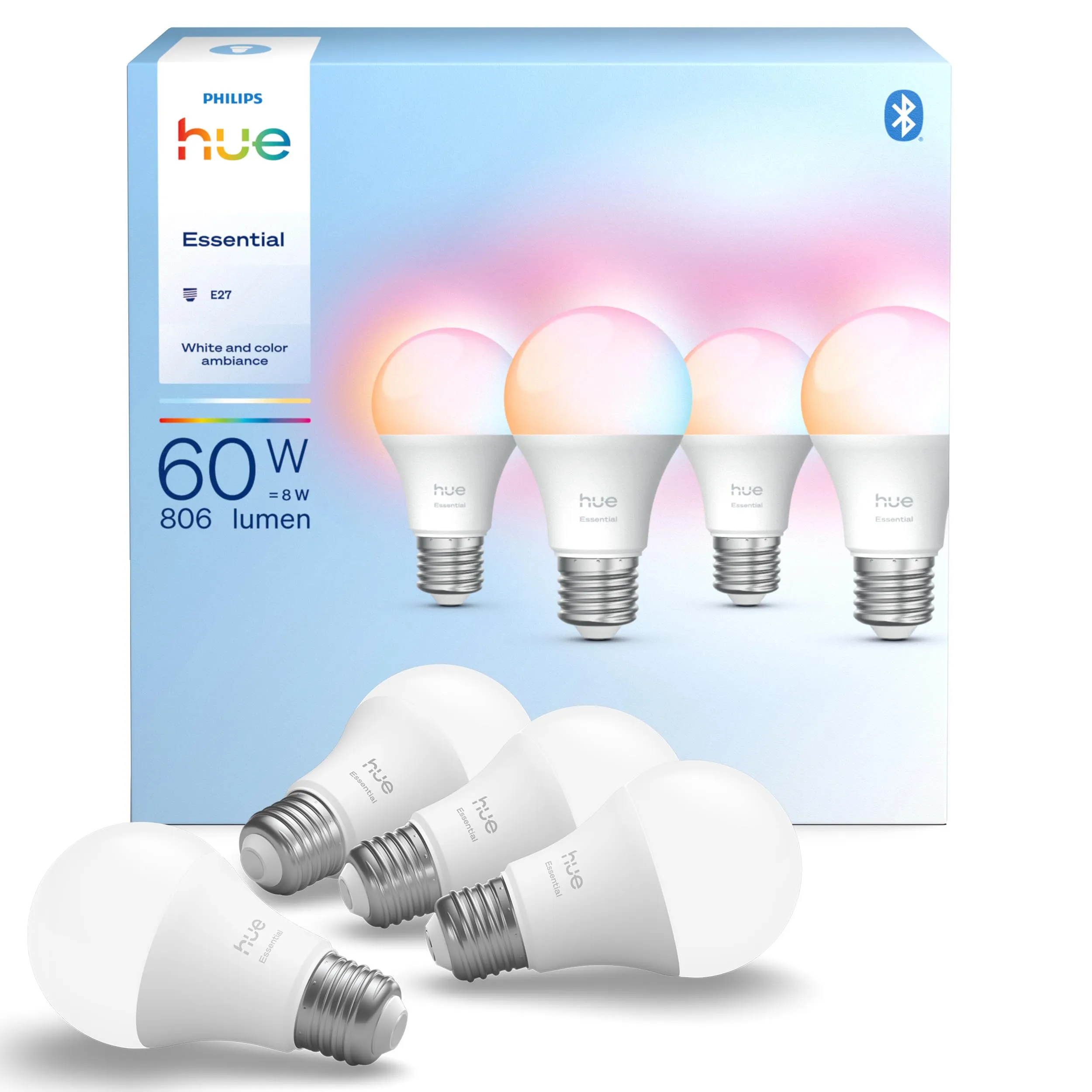 Lampada Philips Hue Essential Smart LED A60, White and color ambiance, E27 Base, 8 W, 2.200 K-6.500 K, 806 lumen, intensità regolabile, compatibile con Alexa, Google Assistant e Apple Home, conf. da 4