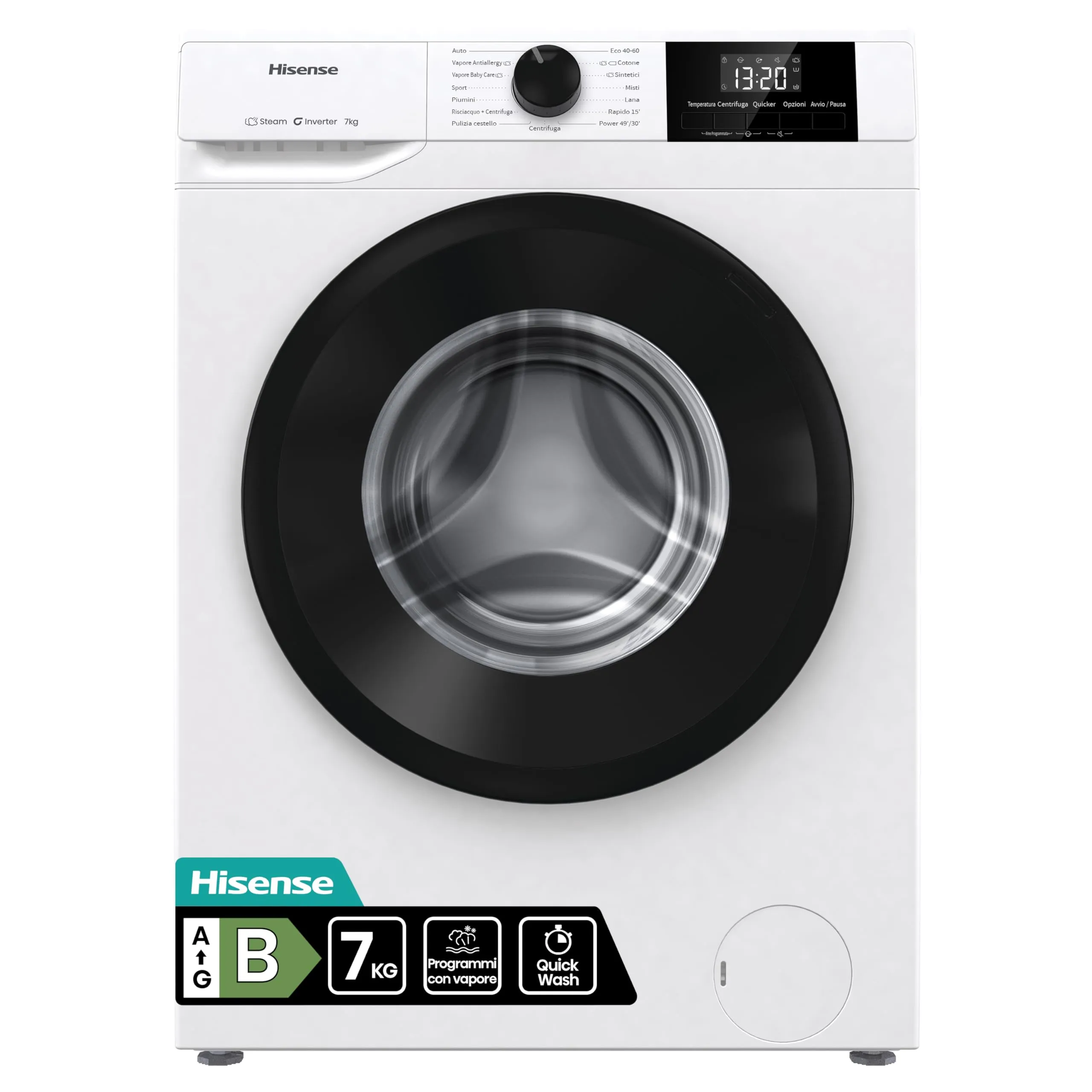 Hisense WF1G7021BW Lavatrice Slim a Carica Frontale 7 kg, 1200 rpm, 15 Programmi, Display LED, Programma Rapido, Partenza Ritardata, Classe Energetica B
