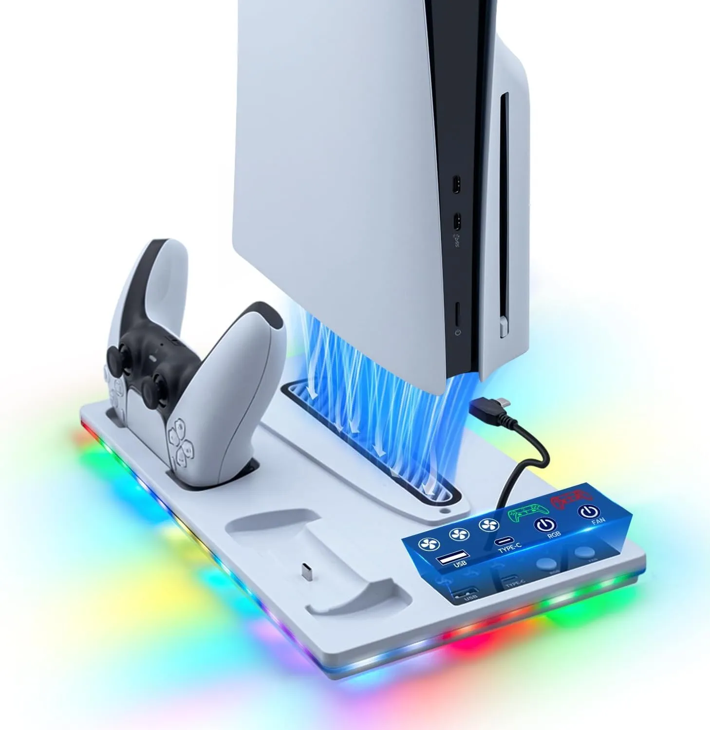 Tolesum Verticale Supporto con Raffreddamento per PS5/PS5 Pro/PS5 Slim,Supporto di Ricarica per Doppio Controller PS5 con USB/Ventola a 3 Livelli/luce RGB per PS5 UHD& Digital /PS5 Slim Disc & Digital