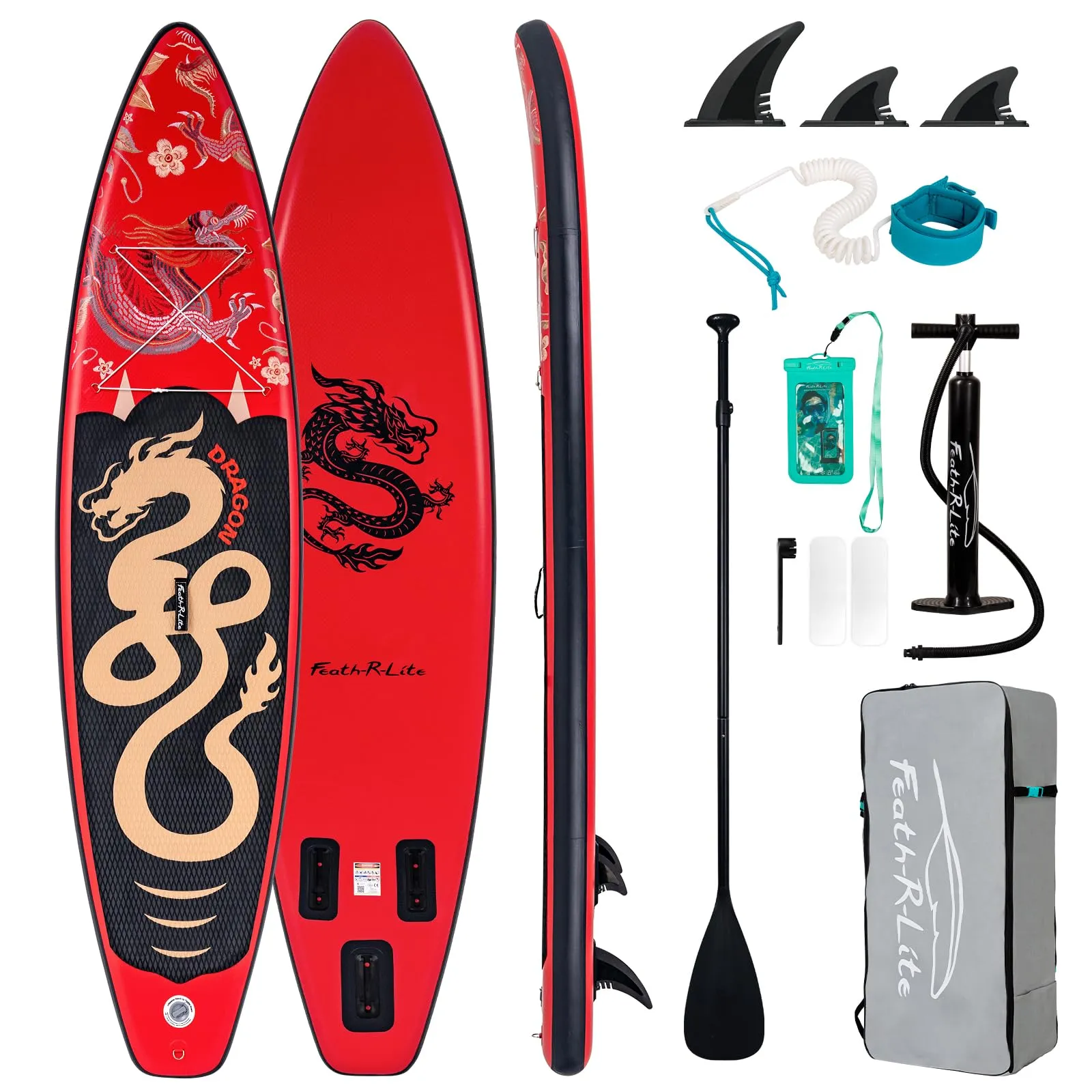 FEATH-R-LITE Tavola da SUP gonfiabile,resistente adatta per tutti i livelli di abilità, kit completo di pagaia regolabile,pompa,zaino da viaggio,cordino,borsa impermeabile