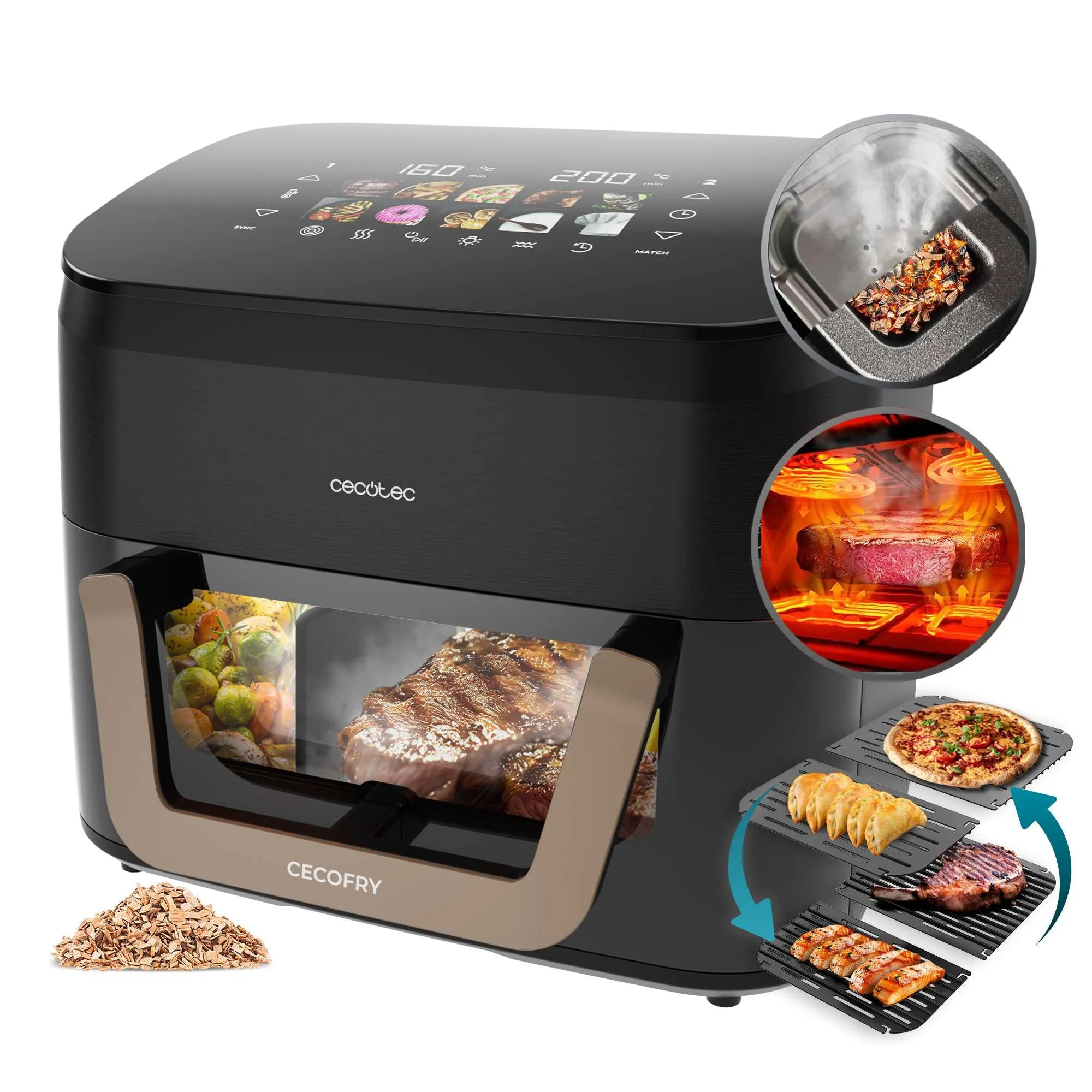 Cecotec Friggitrice ad Aria 10L - Air Fryer Cecofry&Grill Smokin' 11000. 2200W, 3in1 Friggitrice, Grill, Piastra. Affumicatore integrato, 10 Menù, Temp 40-200°C, Doppia temperatura, Cottura uniforme