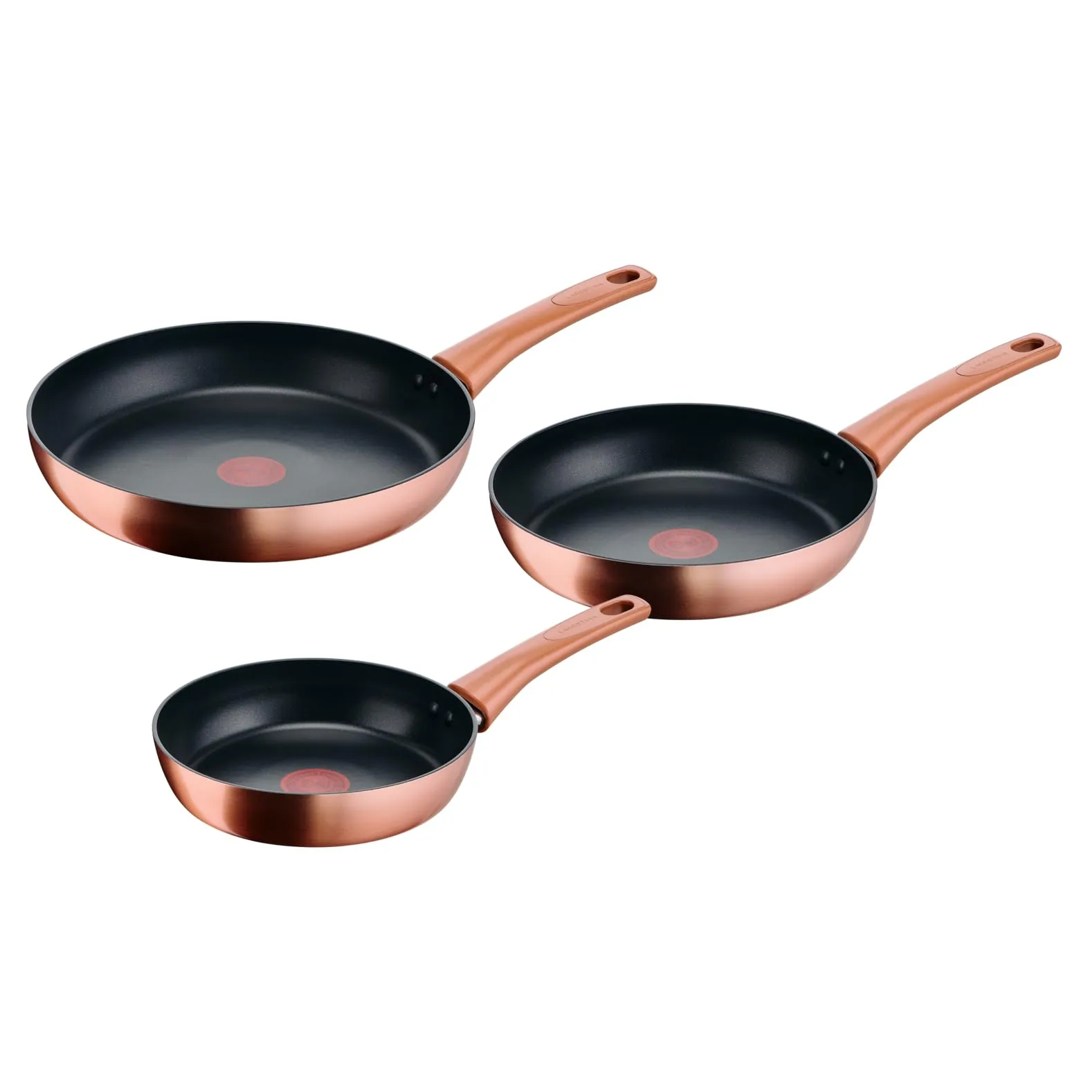 Lagostina Rosé, Set di 3 Padelle Antiaderenti Ø 20/24/28 cm, Rivestimento Titanium, Indicatore di Calore Thermo-Signal, Manico Rivettato, Compatibile con Induzione, Colore Oro Rosa