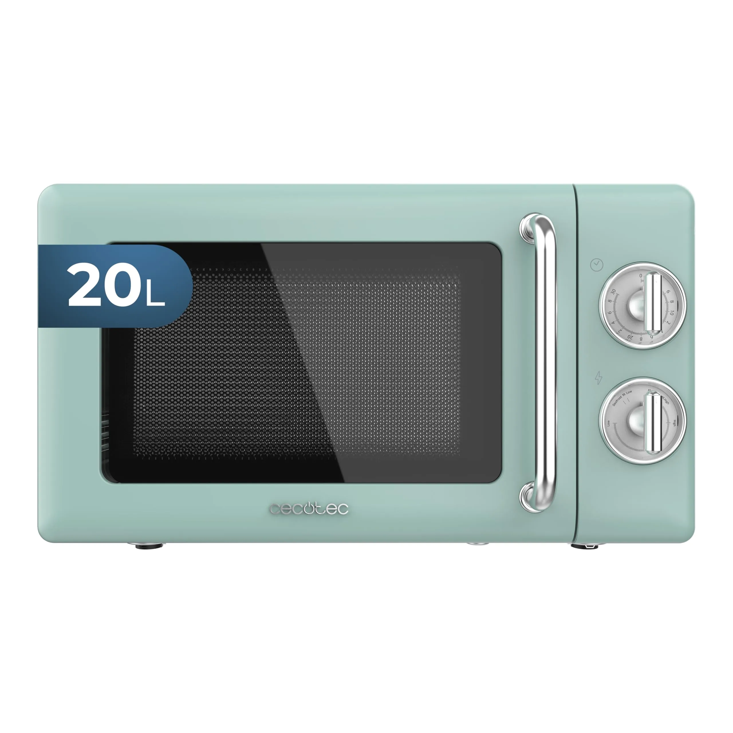 Cecotec Forno a microonde meccanico da 20 litri Proclean 3010 Retro Green. 700 W in 6 livelli, timer fino a 30 minuti, modalità sbrinamento, design vintage in verde, finiture in acciaio