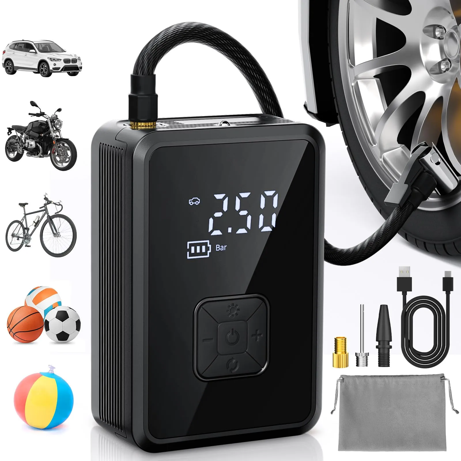 Oasser Mini Compressore Aria Portatile Auto, 150PSI Gonfia Auto Bici Portatile con Schermo LCD Digitale e Torcia LED per Auto/Moto/Bicicletta/Pallacanestro