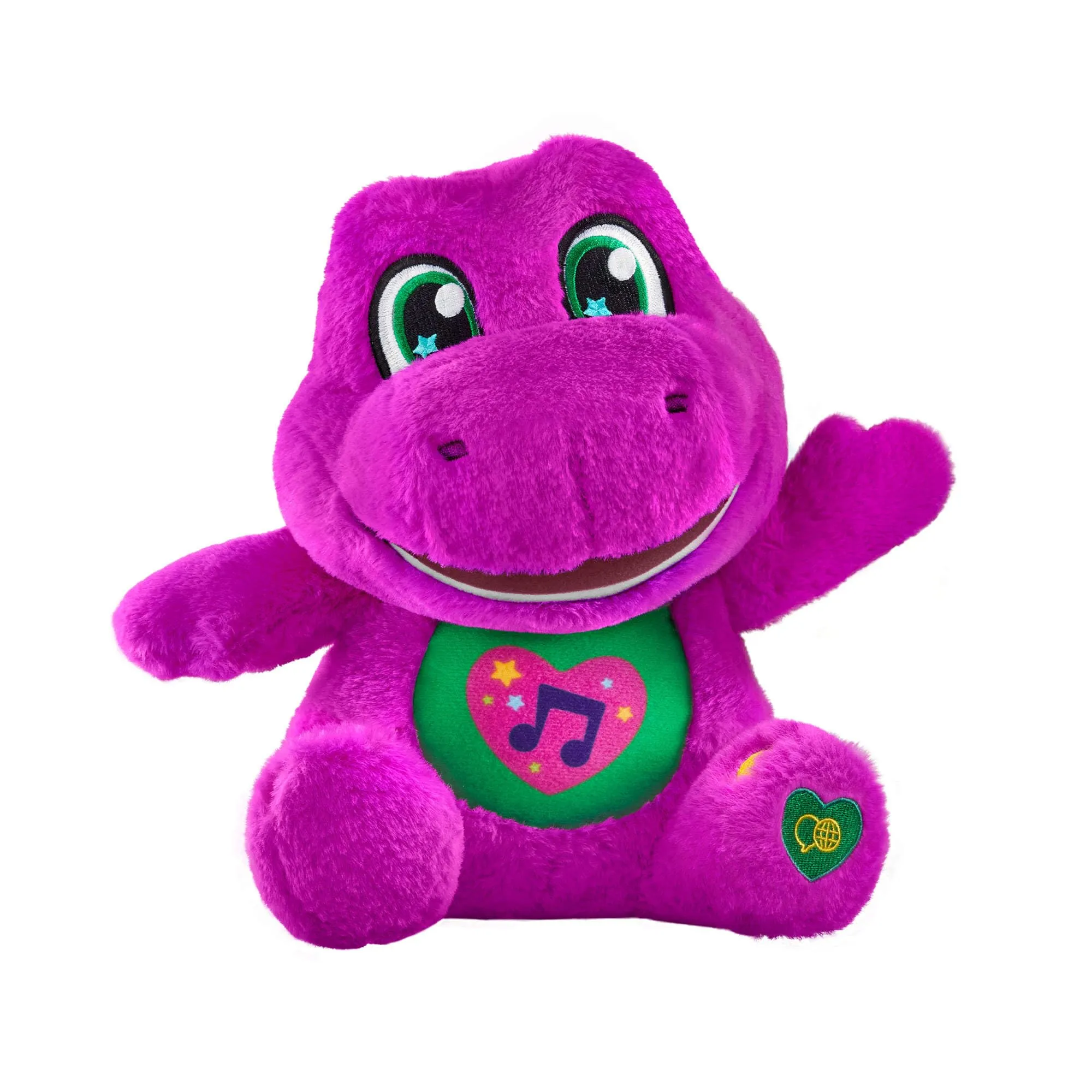 Barney – Barney canterino, peluche 25+ cm con suoni, riproduce 10 frasi e 5 canzoni multilingue, inglese, francese, tedesco, italiano e olandese, Giocattolo per bambini, 2+ anni, JGT51