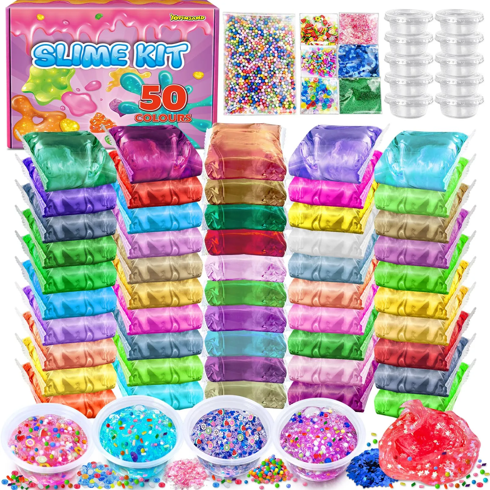 50 Colori DIY Slime Kit Slime Making per Ragazze, Crystal Clear Slime, Glow in The Dark Slime con Sfere di Schiuma Aggiuntive, Charms, Glitter, Giocattolo Regalo per Bambini