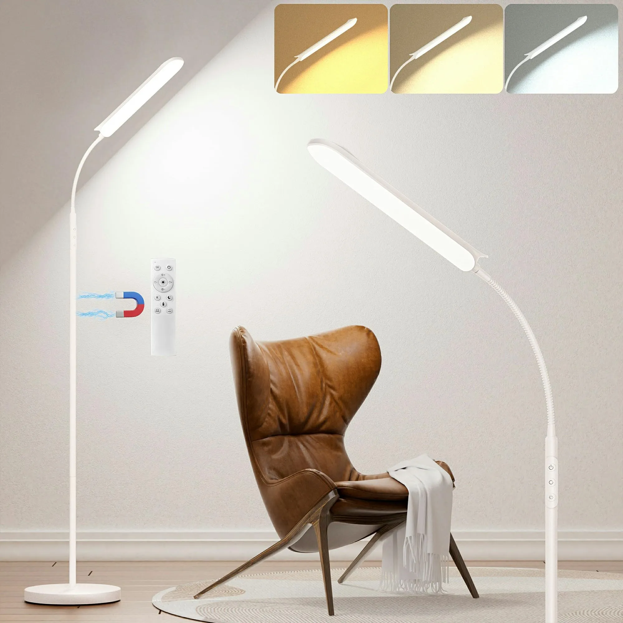 Yikuneng Lampada da Terra LED Dimmerabile, Lettura Piantana con 4 temperatura di Colore,Telecomando Magnetico, Collo D'oca Flessibili a 360°,Timer 1H, per Soggiorno Letto Ufficio