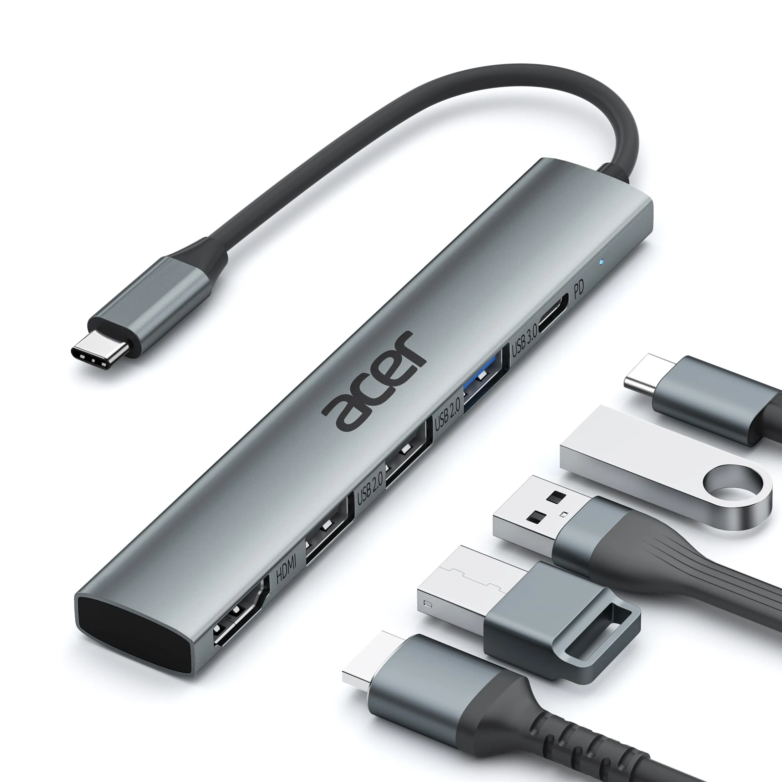 Acer Hub USB C, 5 in 1 Adattatore USB C a HDMI 4K con PD 100W, 3 USB A, Adattatore Multiporta USB C per laptop, PC, tablet, iPad Pro, iMac, iPad, iPhone 15/16