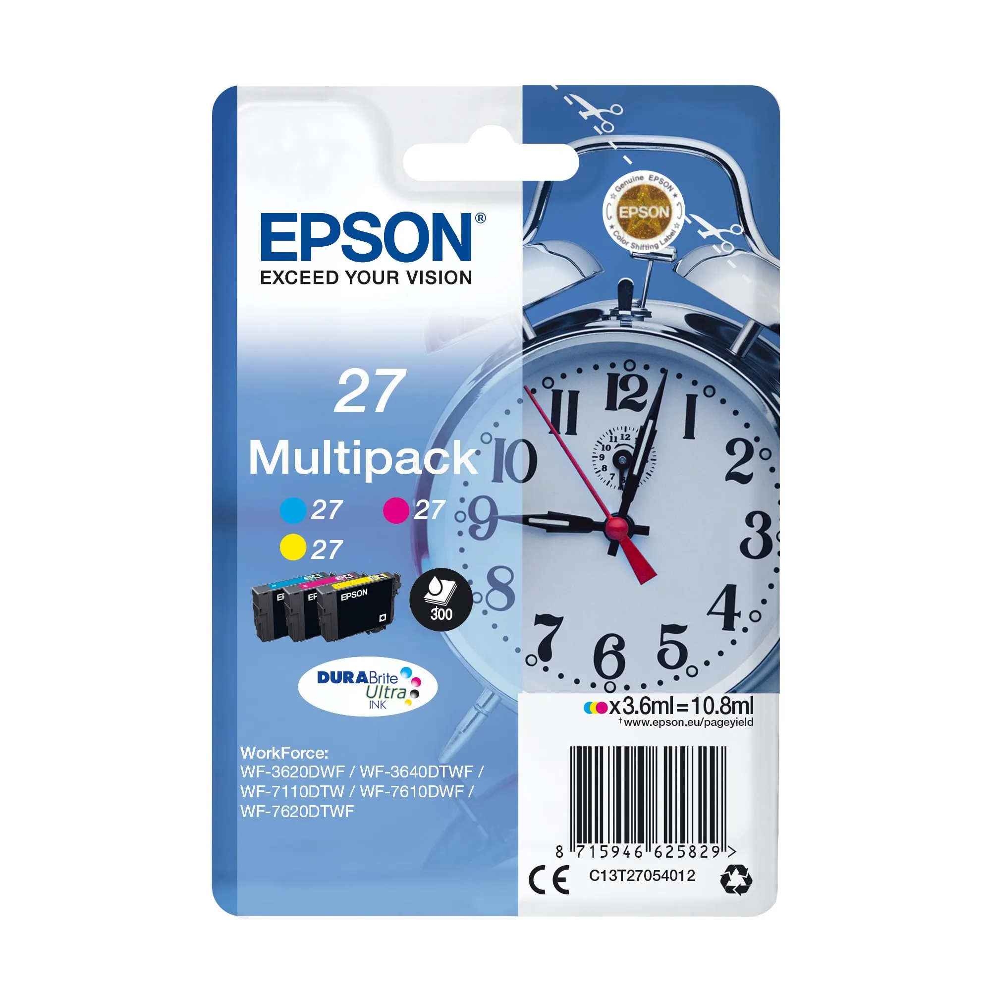 Epson T270540 3 Pack Serie Sveglia, Cartuccia Originale Getto d'Inchiostro Durabrite Ultra, Formato Standard, Multipack 3 Colori