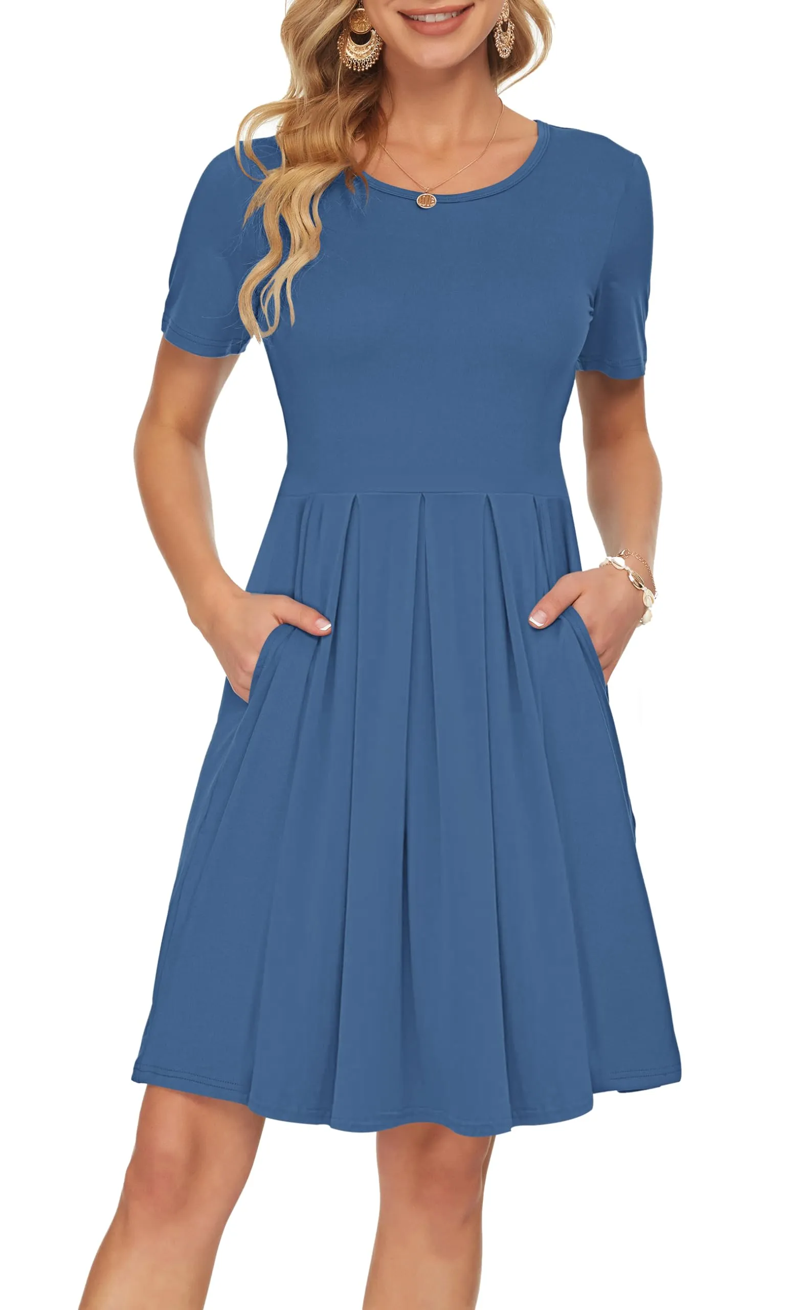AUSELILY Abito Casual da Donna a Pieghe a Manica Corta con Scollo a V e Lunghezza al Ginocchio Beja Blue,S