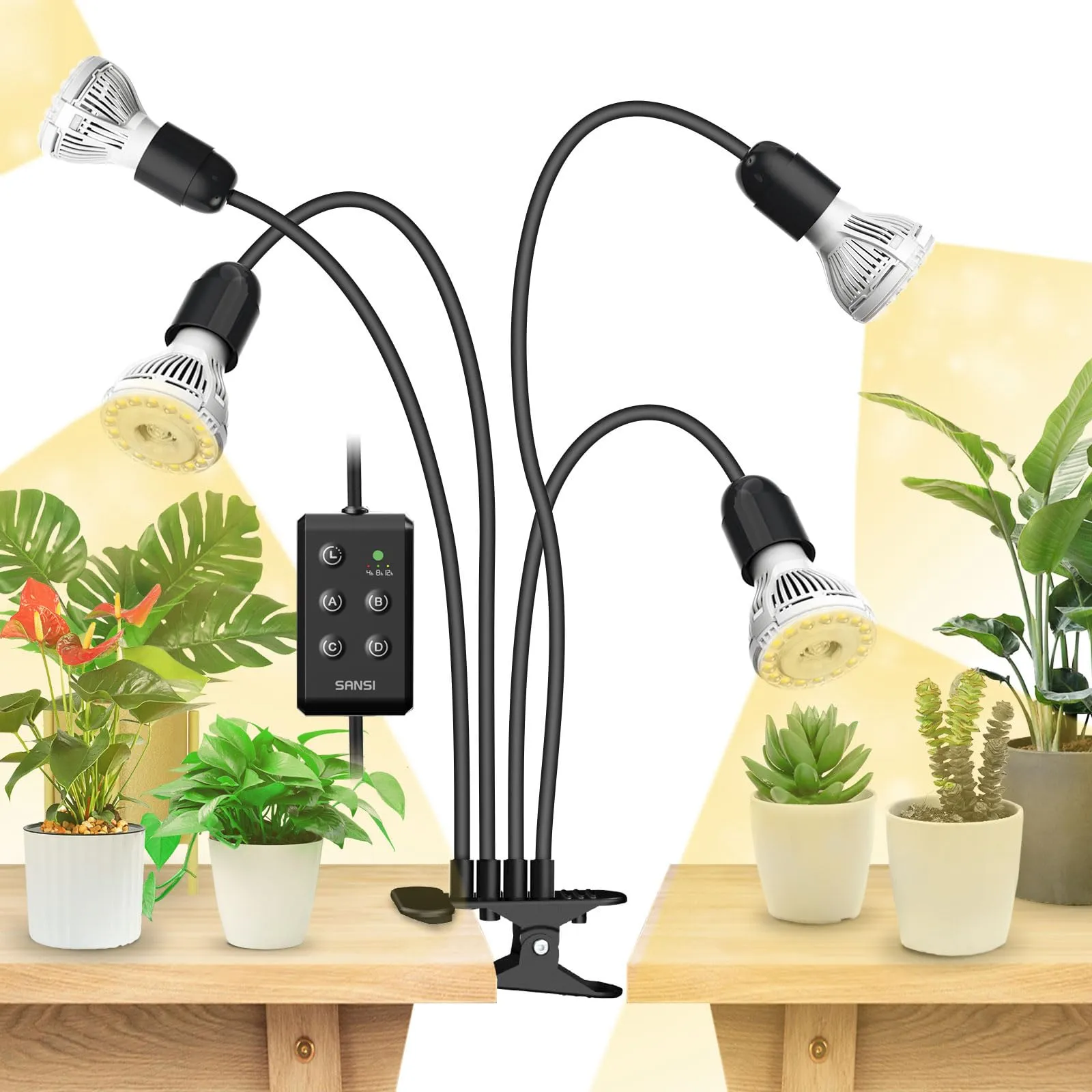 SANSI Lampada a LED per piante da interno, 40W (equivalenti a 600W) spettro completo 4 clip a collo di cigno con timer 4/8/12 ore, lampada di crescita con alta PPFD per giardino, serra
