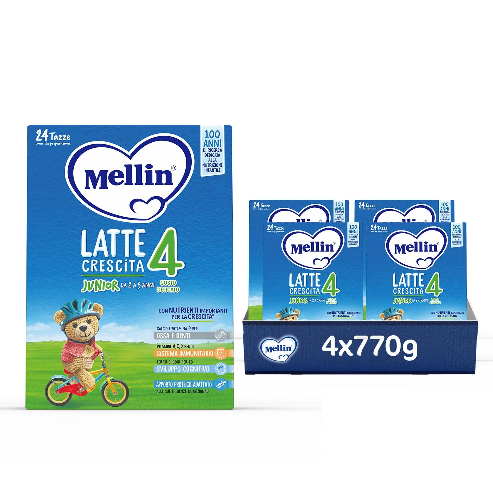 MELLIN 4 - Latte di Crescita in Polvere per Bambini - dal 2° al 3° anno - Confezione da 3080 grammi (4 pezzi da 770g)