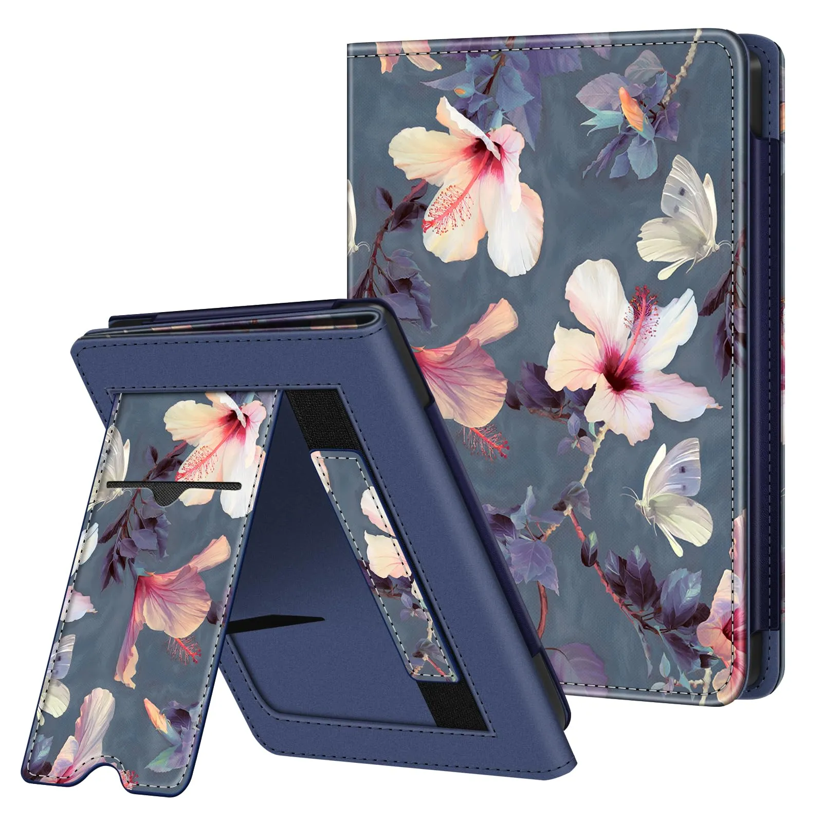 FINTIE Custodia per 6'' Kobo Clara Colour (2024) / Kobo Clara BW (2024) / 2E (2022) eReader - Stand Cover Protettiva Case con Card Slot e Hand Strap, Auto Sveglia/Sonno, Blooming Hibiscus
