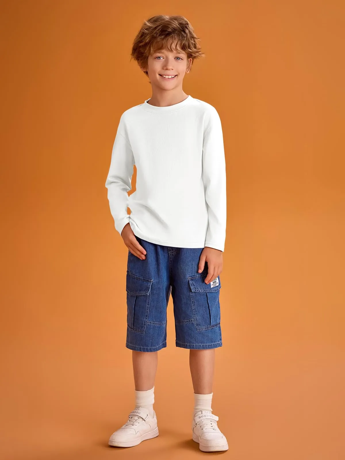 Haloumoning - Maglietta da bambino a maniche lunghe, a girocollo, tinta unita, basic, maglietta sportiva per il tempo libero, top, bianco, 9-10 Anni
