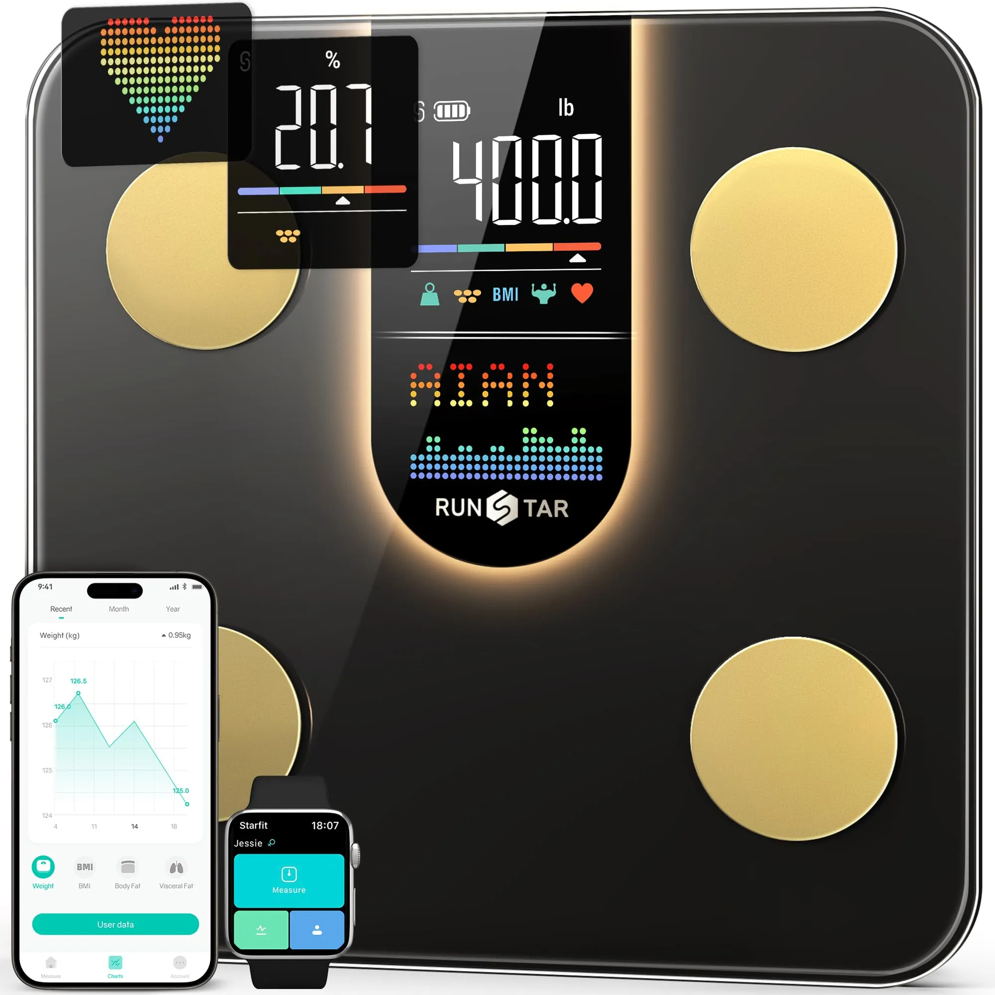 Bilancia Runstar Pesapesone, Bilancia Smart Con Display VA 8in1, Bilancia Pesapersone Digitale Alta Precisione Peso Corporeo, FC, BMI, Grasso Corporeo, 22 Dati Composizione Corporea, Sync App