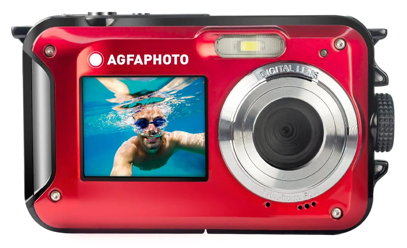 AGFA PHOTO Realishot WP8000 - Fotocamera Digitale Impermeabile, 24 MP, Video Full HD, Doppio Schermo LCD, Zoom Digitale 16x, Stabilizzatore Digitale, Batteria al Litio - Rosso