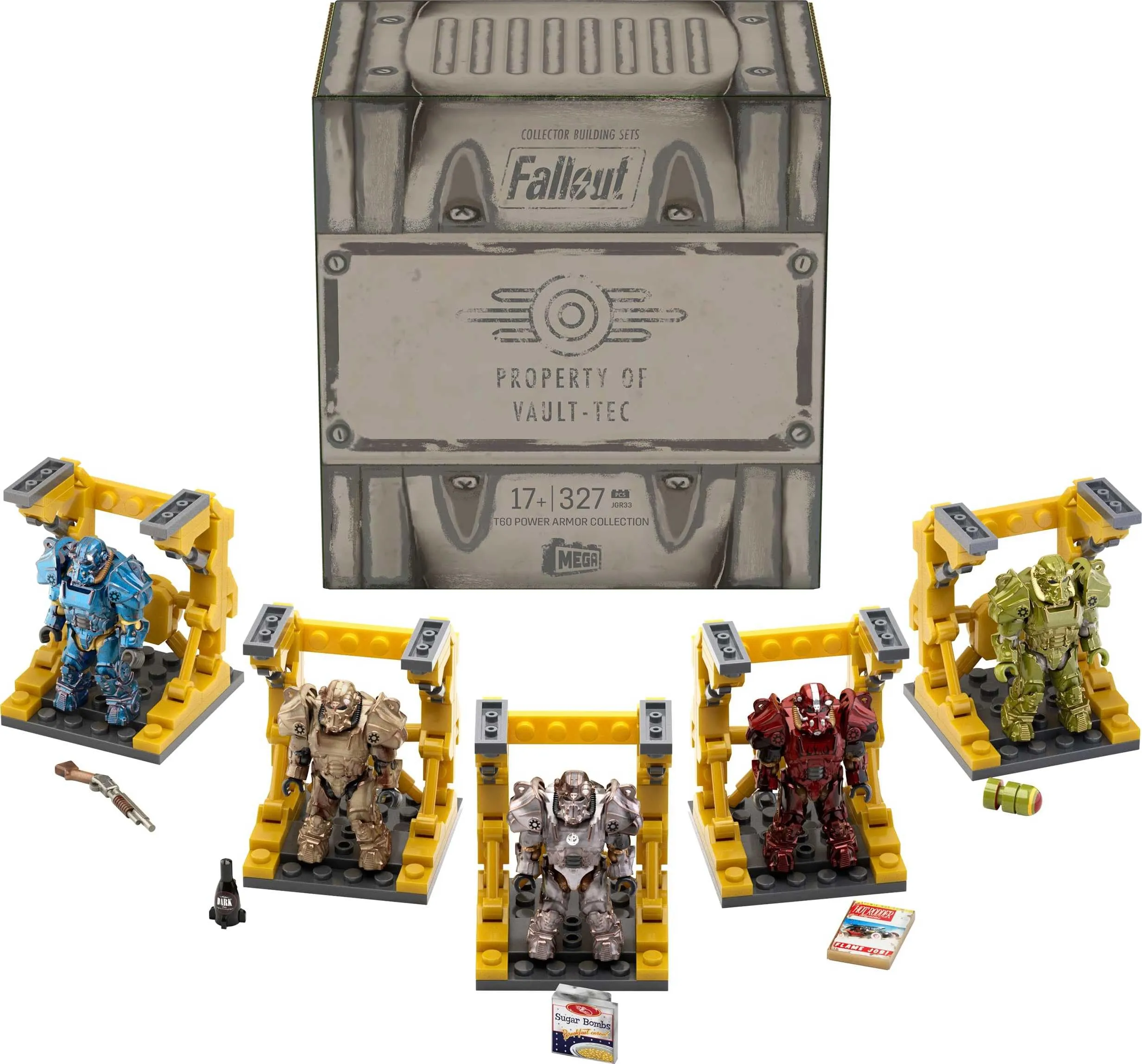 MEGA Fallout Action Figure Building Toy, T-60 Power Armor Collection with 327 Pieces, 5 Micro Action Figures and Accessories, for Collectors