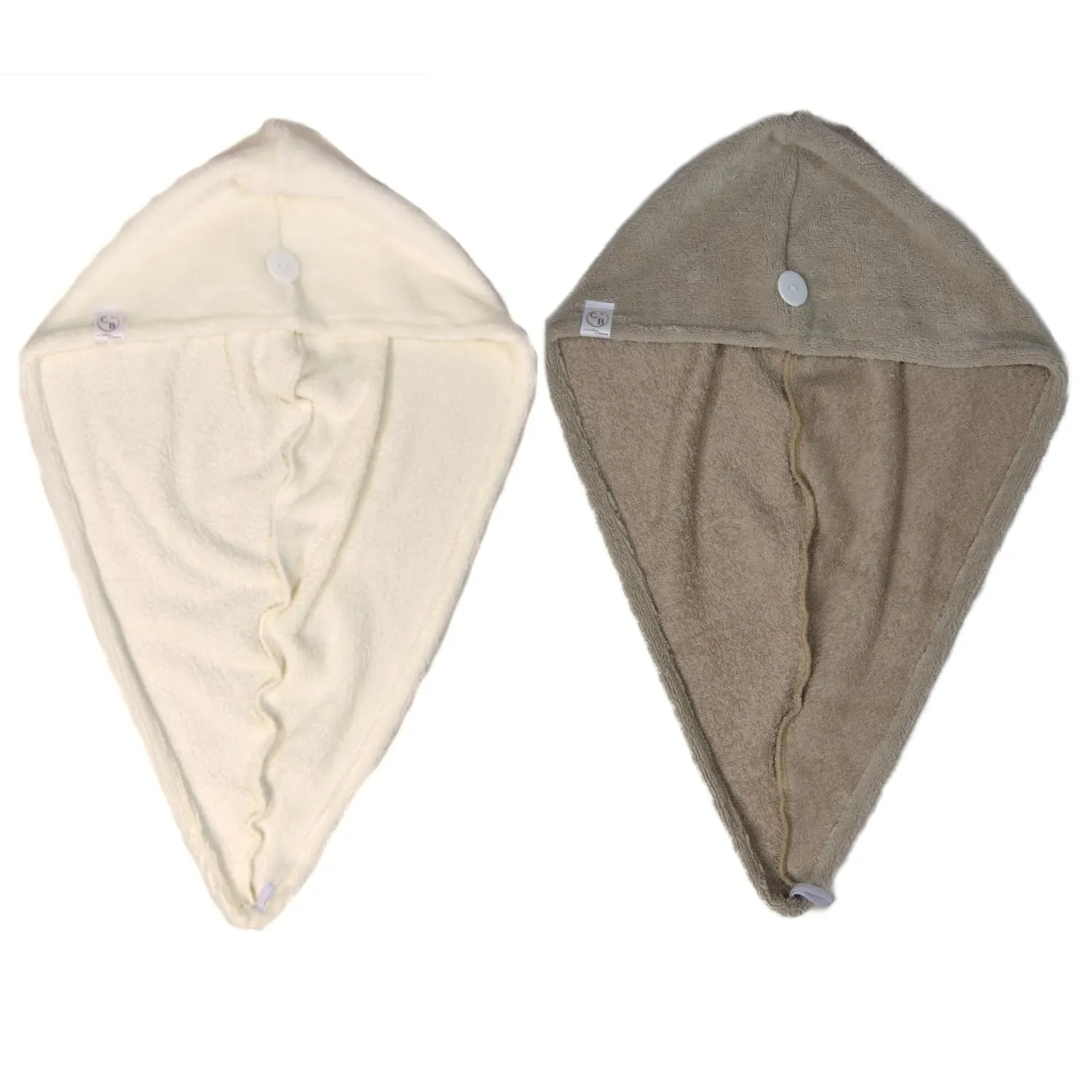2 Pezzi Asciugamano per capelli in spugna di bambù - Assorbente e morbido - Asciugatura rapida - Turbante per capelli con chiusura a bottone - Produzione francese (Crema Cappuccino)