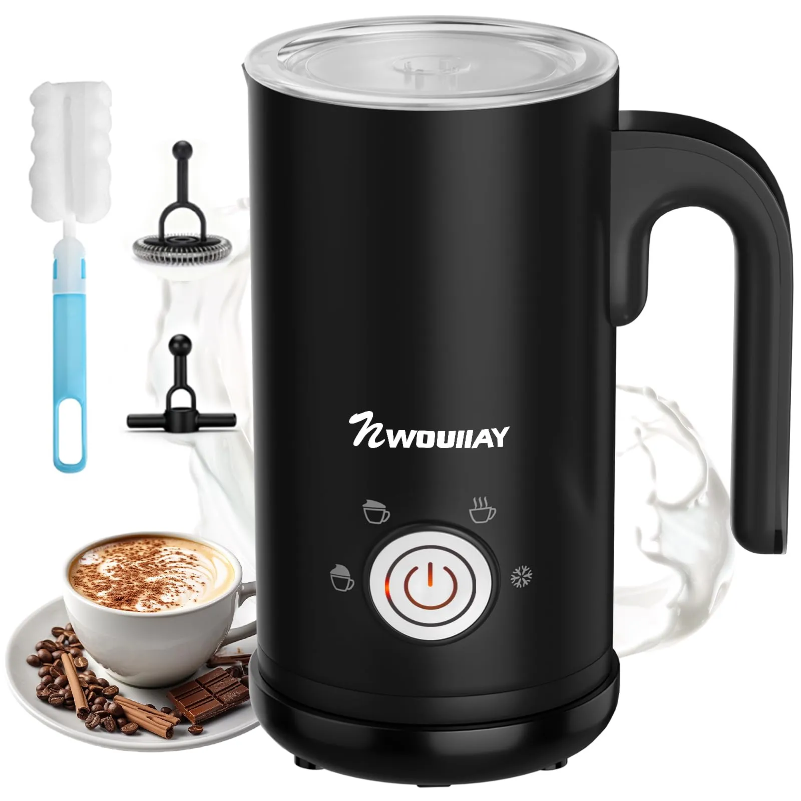 NWOUIIAY Montalatte Elettrico 4 in 1 Cappuccinatore Elettrico 300ML 600W Silenzioso con Manico per Latte Caldo e Freddo Schiuma di Latte Rivestimento Antiaderente per Latte Cappuccino Macchiato