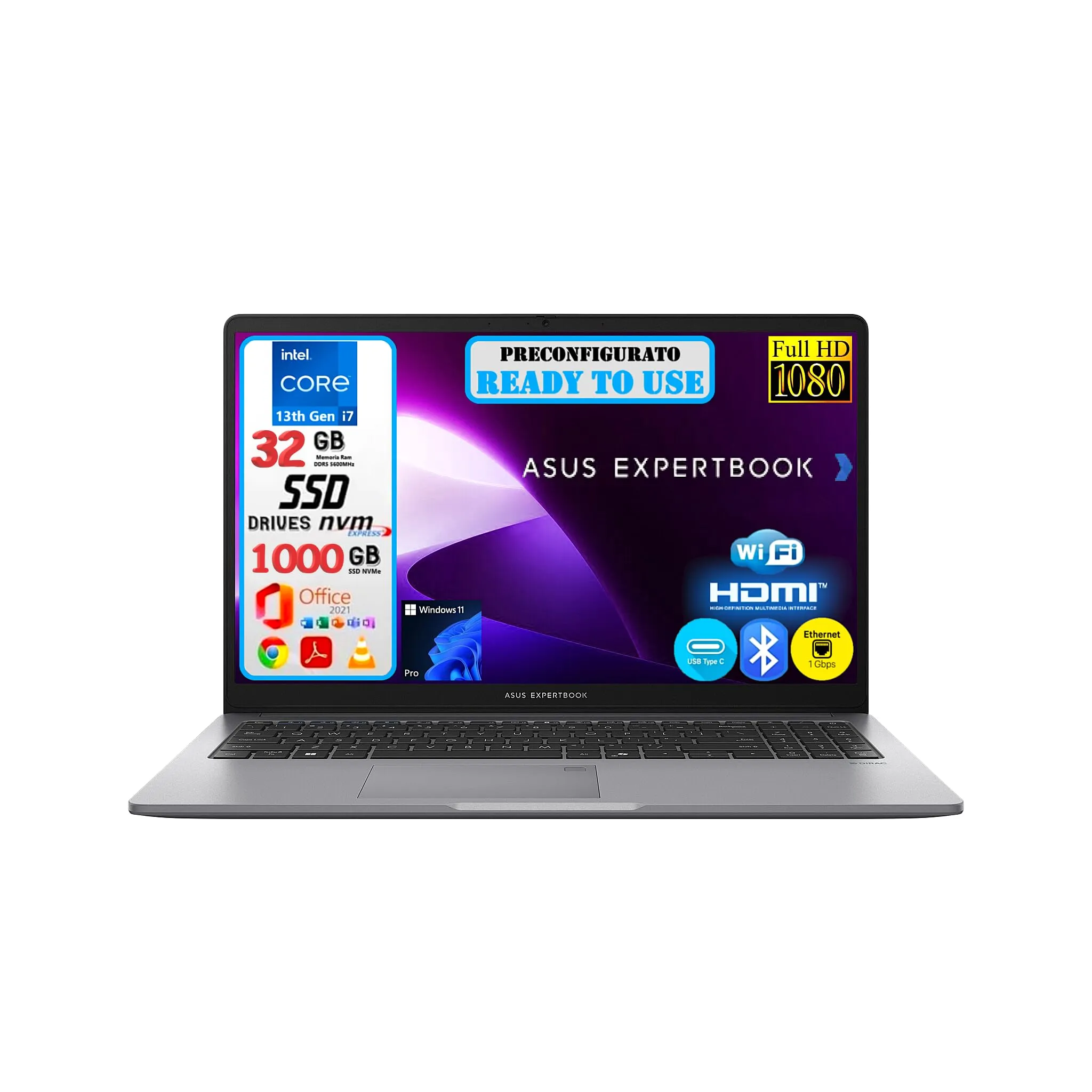 ASUS ExpertBook P1 (P1503), Intel i7-13620H, 32GB RAM DDR5, 1TB (1000GB) NVMe SSD, 15.6" Full HD 1920x1080, Intel UHD Graphics, Windows 11 Pro - Office 2021 - Pronto All'Uso