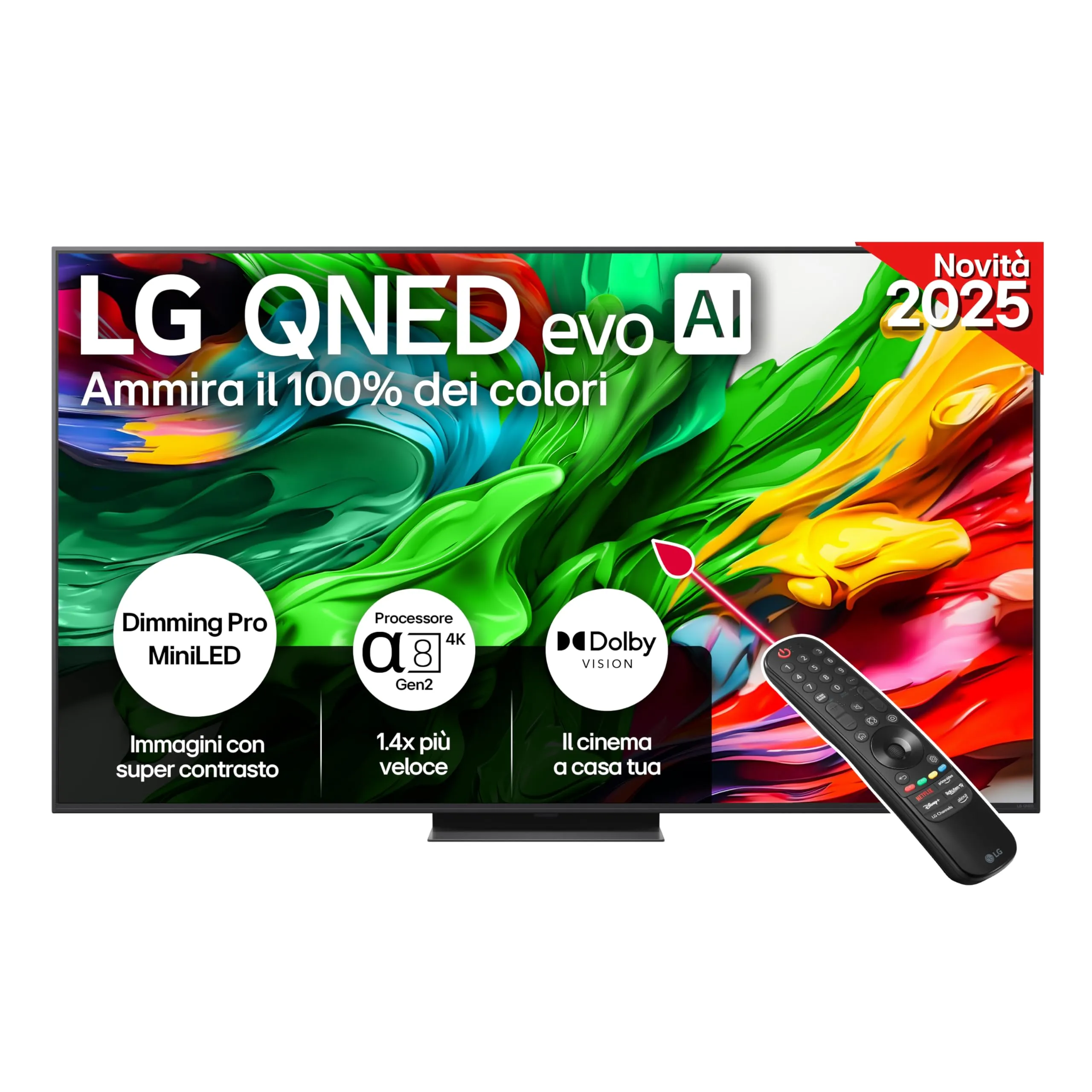 LG QNED evo AI QNED86 TV 65 pollici, Smart TV 4K, Processore α8 Gen2, Dimming Pro con MiniLED, webOS e telecomando puntatore con AI, Dolby Vision, Gaming con VRR e FreeSync 4K@144Hz, 65QNED86A6A 2025