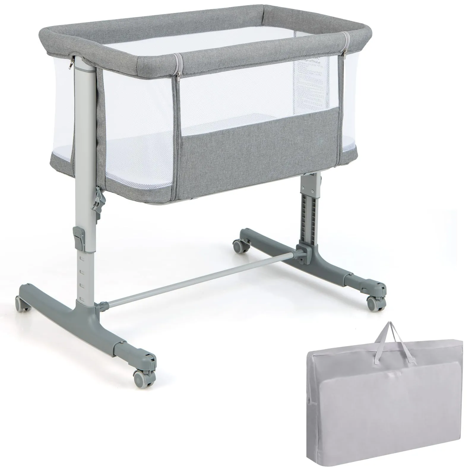 COSTWAY 3 in 1 Culla Neonato Fianco Letto, Lettino Neonato Dondolo con Materasso, Culla Co-Sleeping Fino a 9 kg, Altezza Regolabili, 84 x 59,5 x 80,5cm (Grigio)