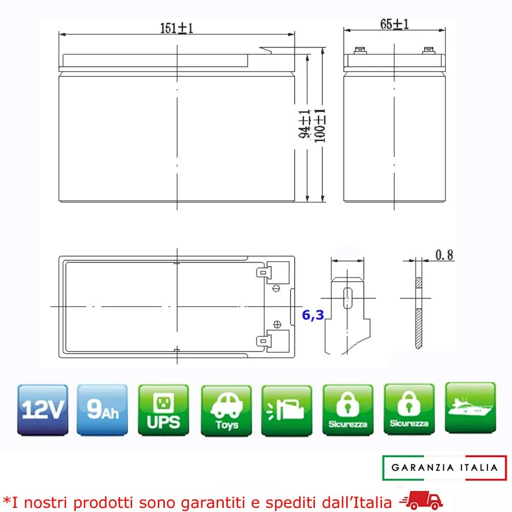 BATTERIA ERMETICA AL PIOMBO 12 V 9 AH RICARICABILE, UPS, 150 X 66 X 95