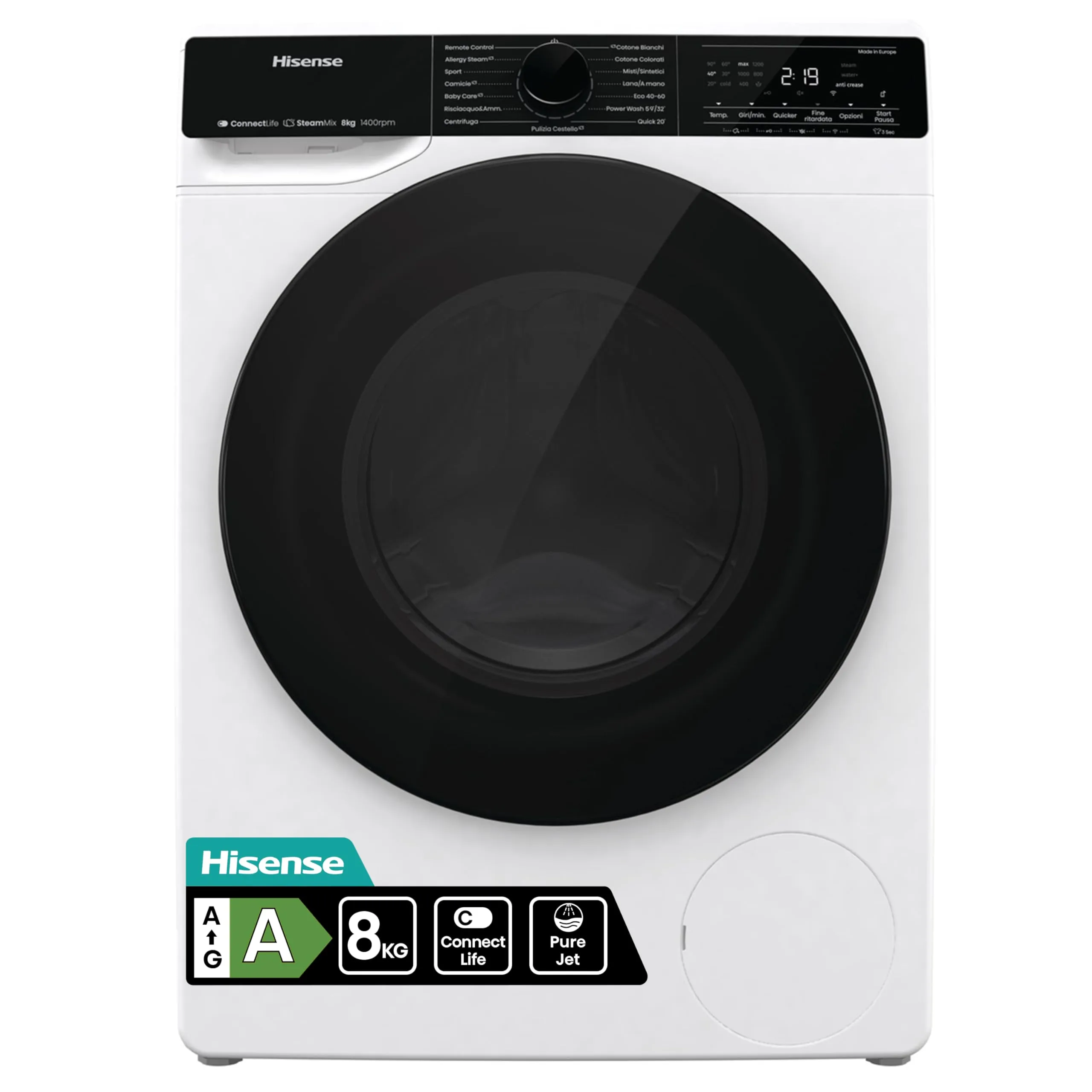 Hisense WF5V843BWSIT - Lavatrice Slim a Carica Frontale 8 Kg, 1400 rpm, 15 Programmi, Vapore, Display LED, Programma Rapido, Partenza Ritardata