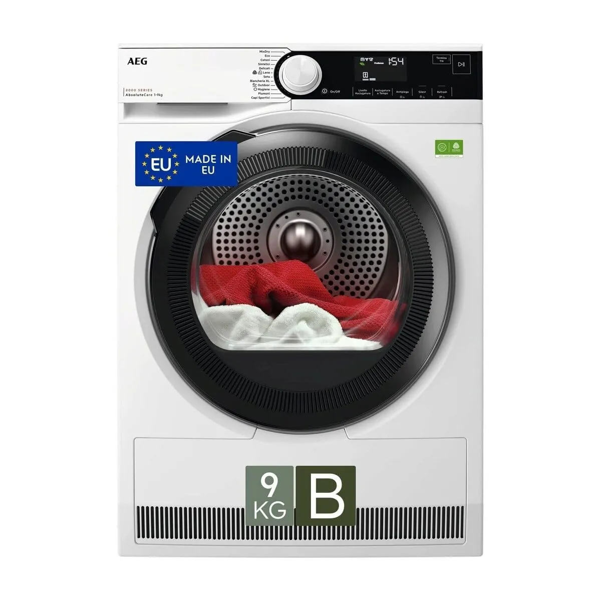 AEG Serie 8000 Asciugatrice a Pompa di Calore, 9 kg, TR8HDAM9B, Classe B, 12 Programmi, Tecnologia AbsoluteCare, PreciseDry con Sensori di Umidità,Tipologia filtro Easy Flow, 61 dB, 850x596x636 mm