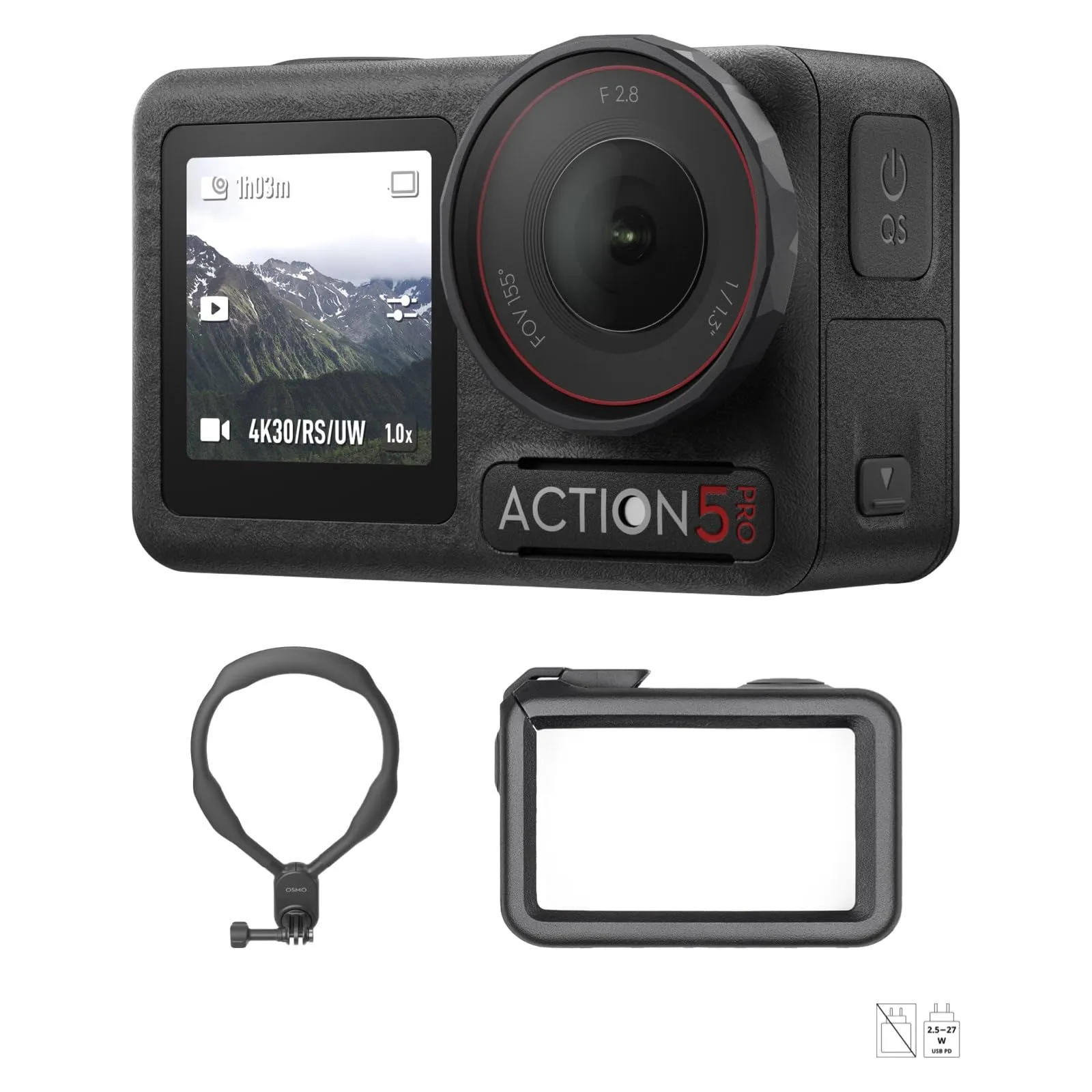 DJI Osmo Action 5 Pro Combo Standard Supporto da collo, action cam 4K per filmare senza mani con batteria lunga durata 4h, stabilizzazione, sensore 1/1.3", ideale per pesca e viaggi