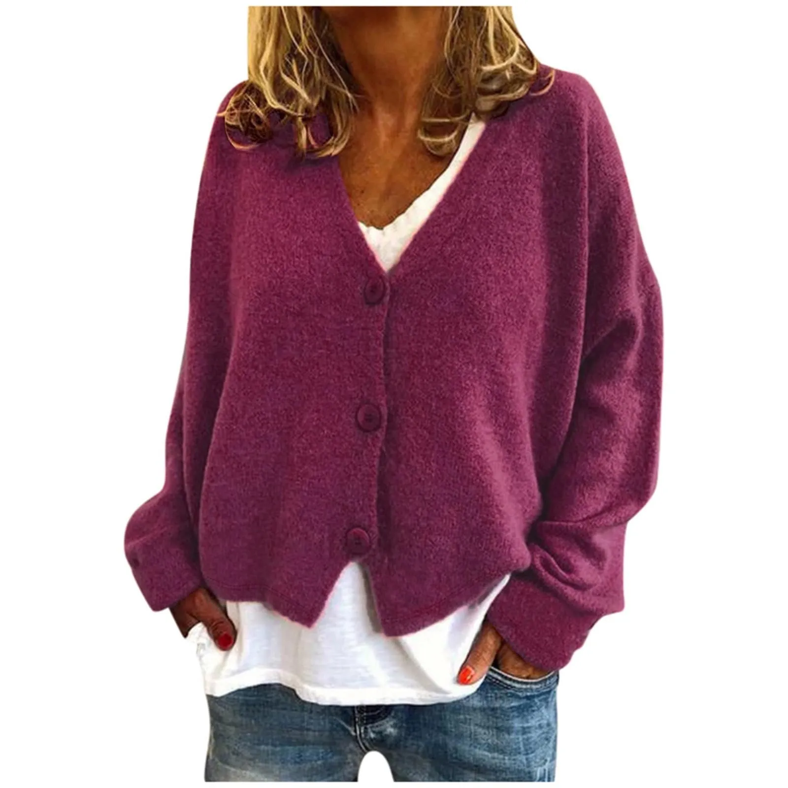Cardigan da donna di grandi dimensioni, con scollo a V, gilet lungo con bottoni, da donna, autunno e inverno, pullover a maglia, cappotto casa, cappotti a maniche lunghe, abbigliamento tinta unita
