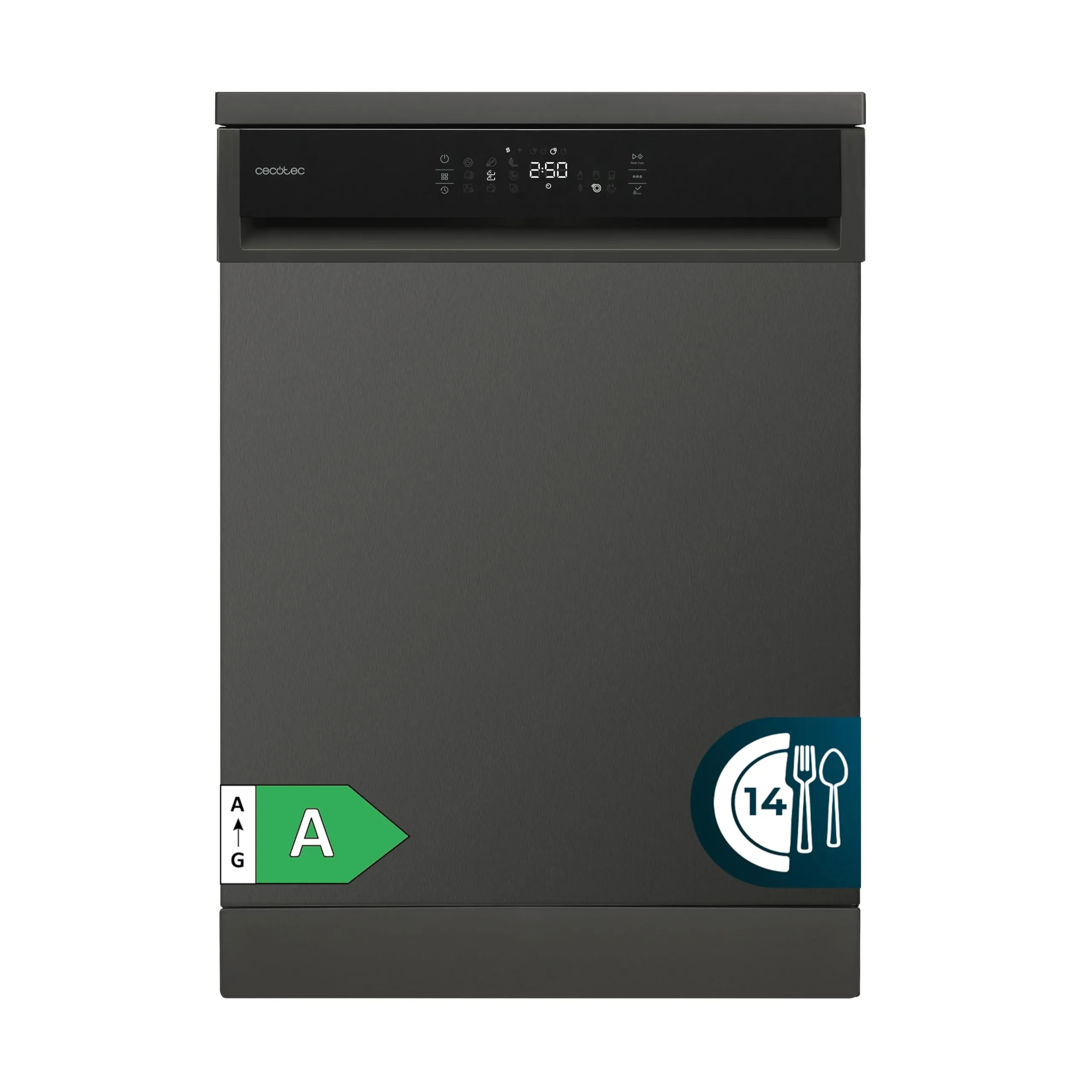 Cecotec Lavastoviglie 60 cm Bolero Aguazero 6800 Dark A, 14 posate, Basso consumo, Motore inverter plus duo, 8 programmi, Lavaggio automatico, Pulizia a vapore, Pulizia interna e mezzo carico