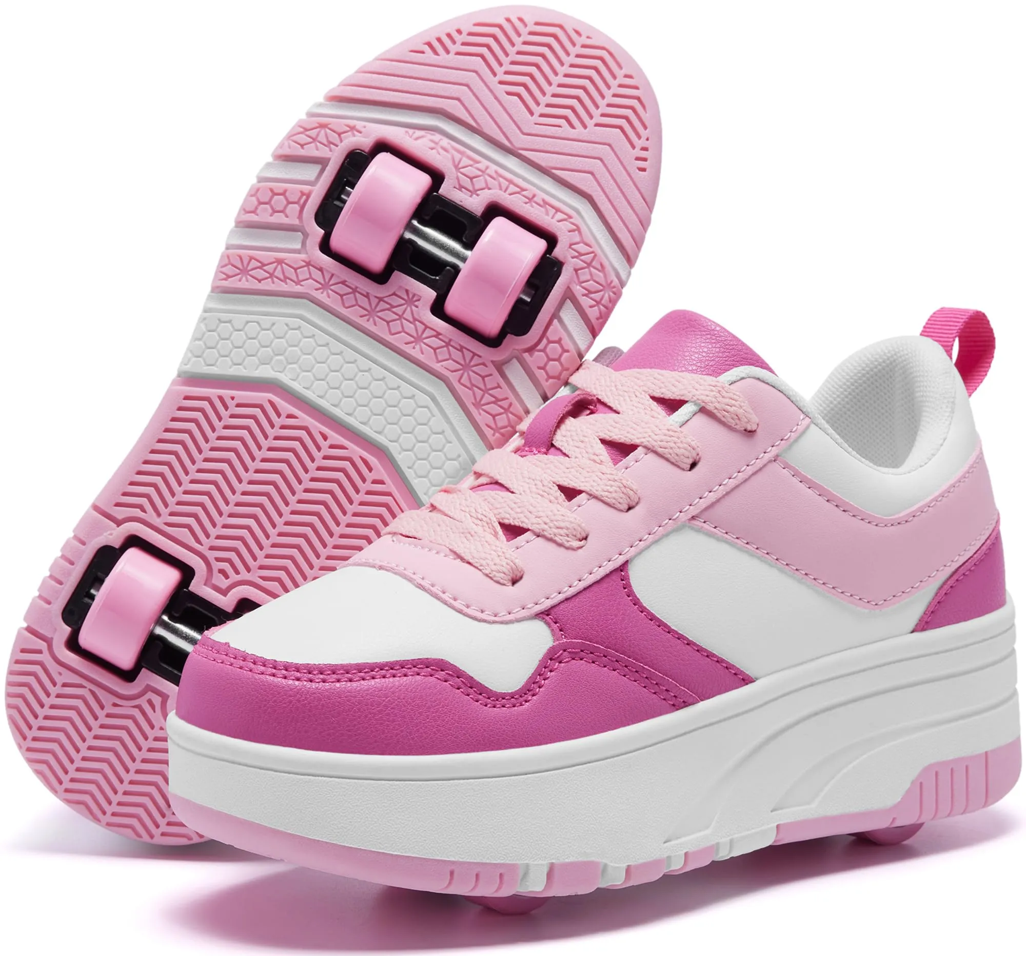 ANEFUN Ragazzi Ragazze Scarpe con Ruote Pattini Pattinaggio Bambini Pattini a Rotella Scarpe con 4 Ruote Rimovibili Comfort Sport Outdoor per Bambini, rosa/bianco, 34 EU