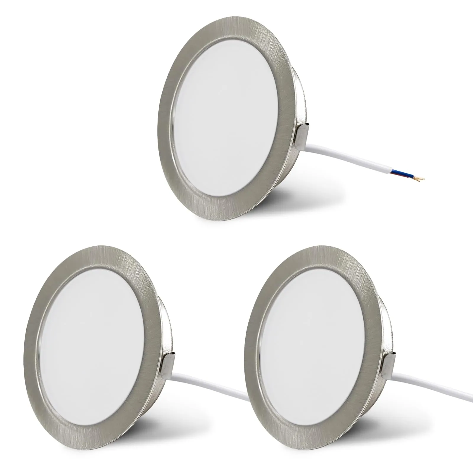 Set di 3 luci per mobili LED 230 V 3,5 W LED IP44 G4 15 mm faretti da incasso per mobili piatti, 4000 K bianco caldo, cappa da cucina, faretto da incasso bagno (Nickel spazzolato)