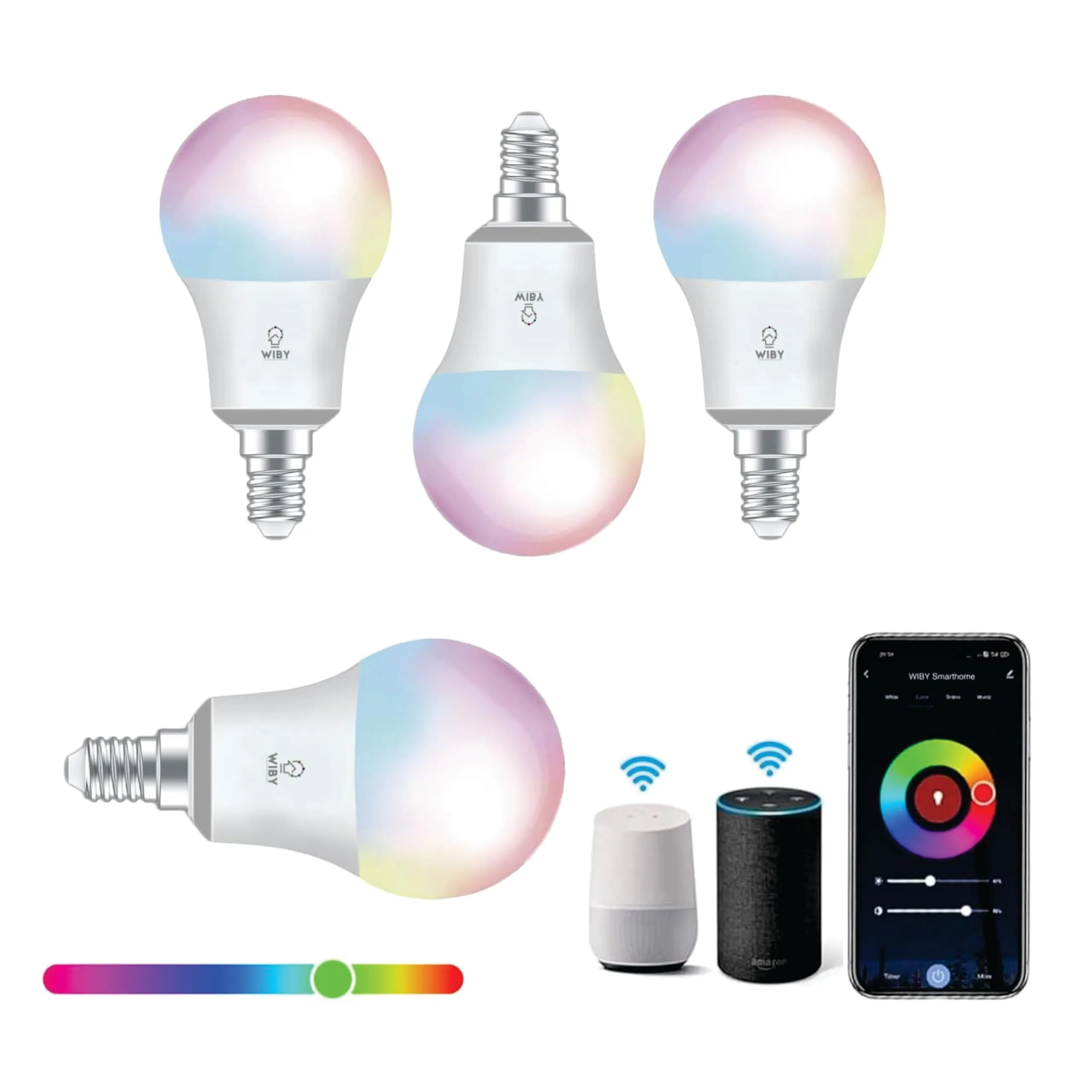 Wiby Lampadina LED Smart, Attacco E14, 8W RGBWW, Dimmerabile 2700K/6500K, 806lm, Compatibile con Alexa & Google Home, Controllo App, Wi-Fi 2,4GHz