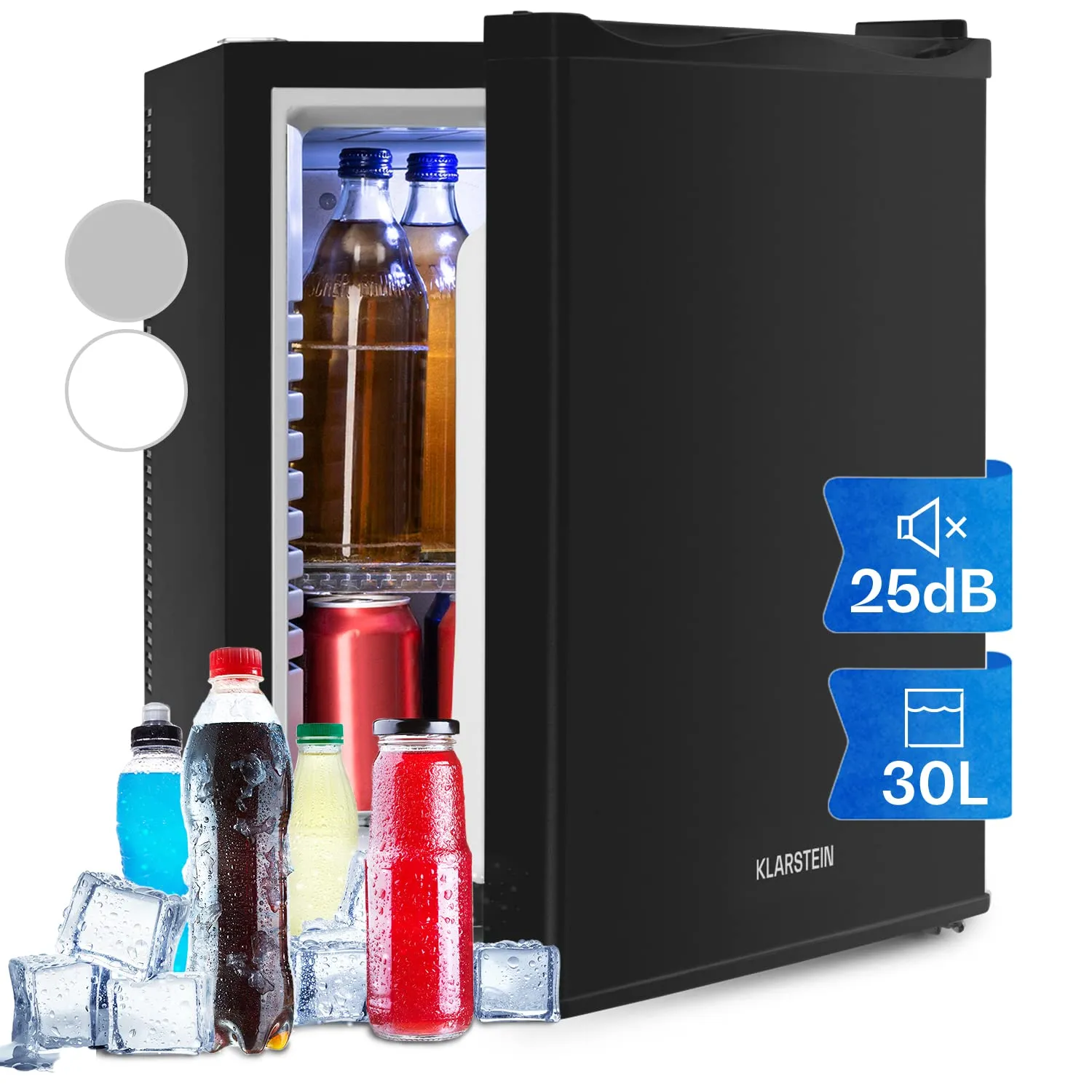 KLARSTEIN Mini Frigo da Camera, Frigo Portatile da Camera, Frigorifero Piccolo da Ufficio, Mini Frigo Bar da Camera con LED, Ripiani Rimovibili, Mini Frigo Portatile Campeggio e Skin Care 5-15°C, 30L