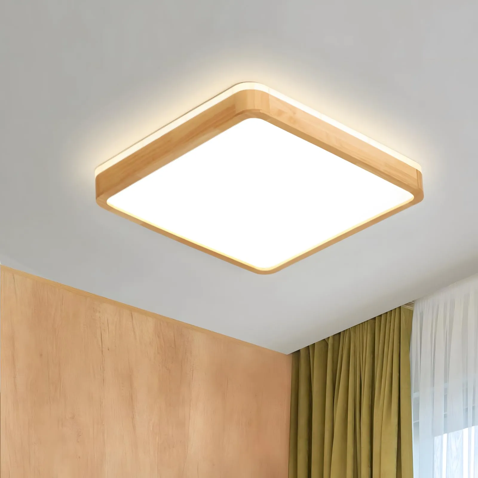 WayLuoung Plafoniera LED In Legno | Ø30cm 3000K 1620Lm 18W | Lampada Soffitto Quadrata In Legno Naturale Con Luce 360°, Camera Letto Soggiorno Cameretta Dei Bambini Cucina Sala Pranzo (Bianco Caldo)