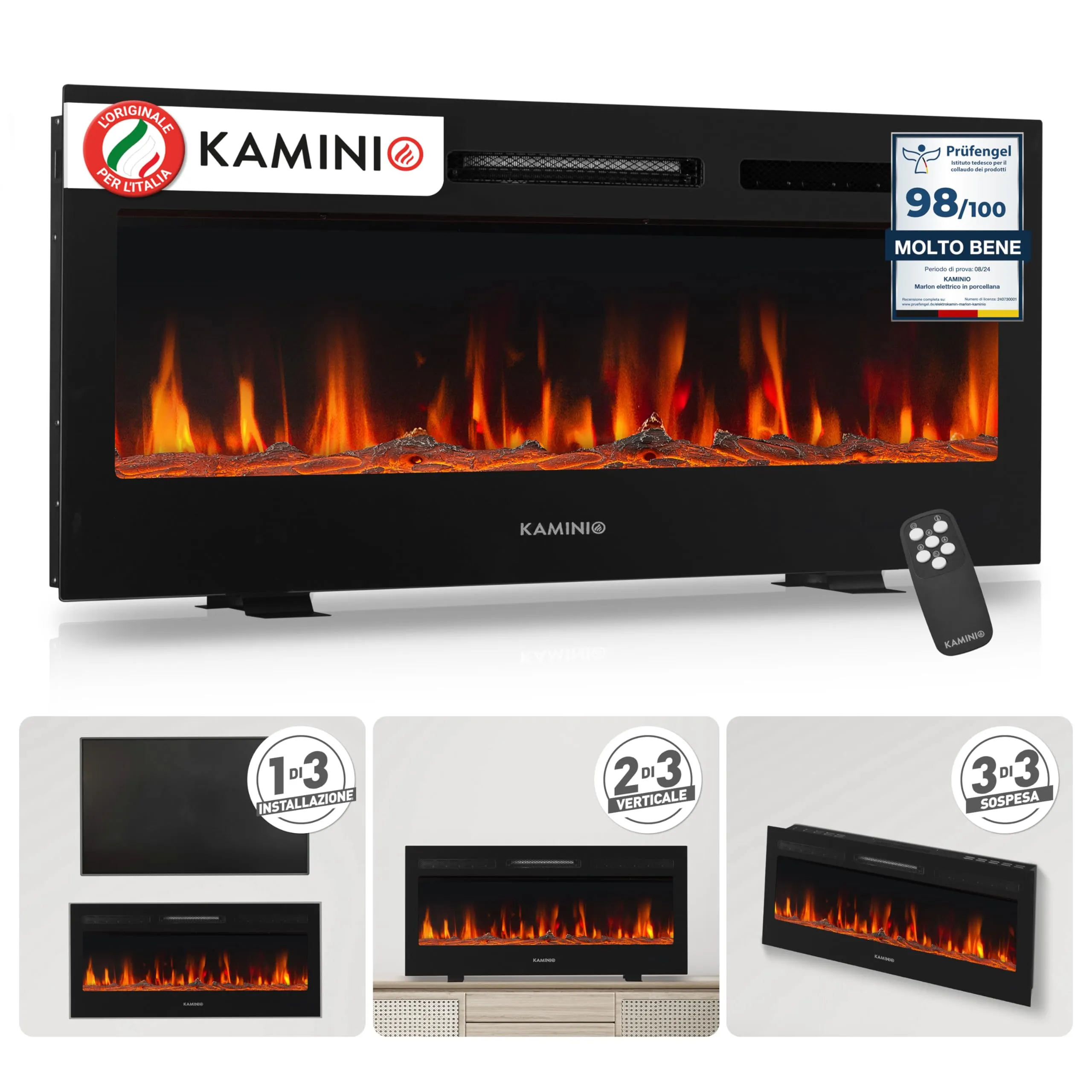 KAMINIO Camino elettrico MARLON - Caminetto elettrico 3-in-1 con riscaldamento, effetto fiamma 3D, 12 colori di fiamma, telecomando (42 pollici)