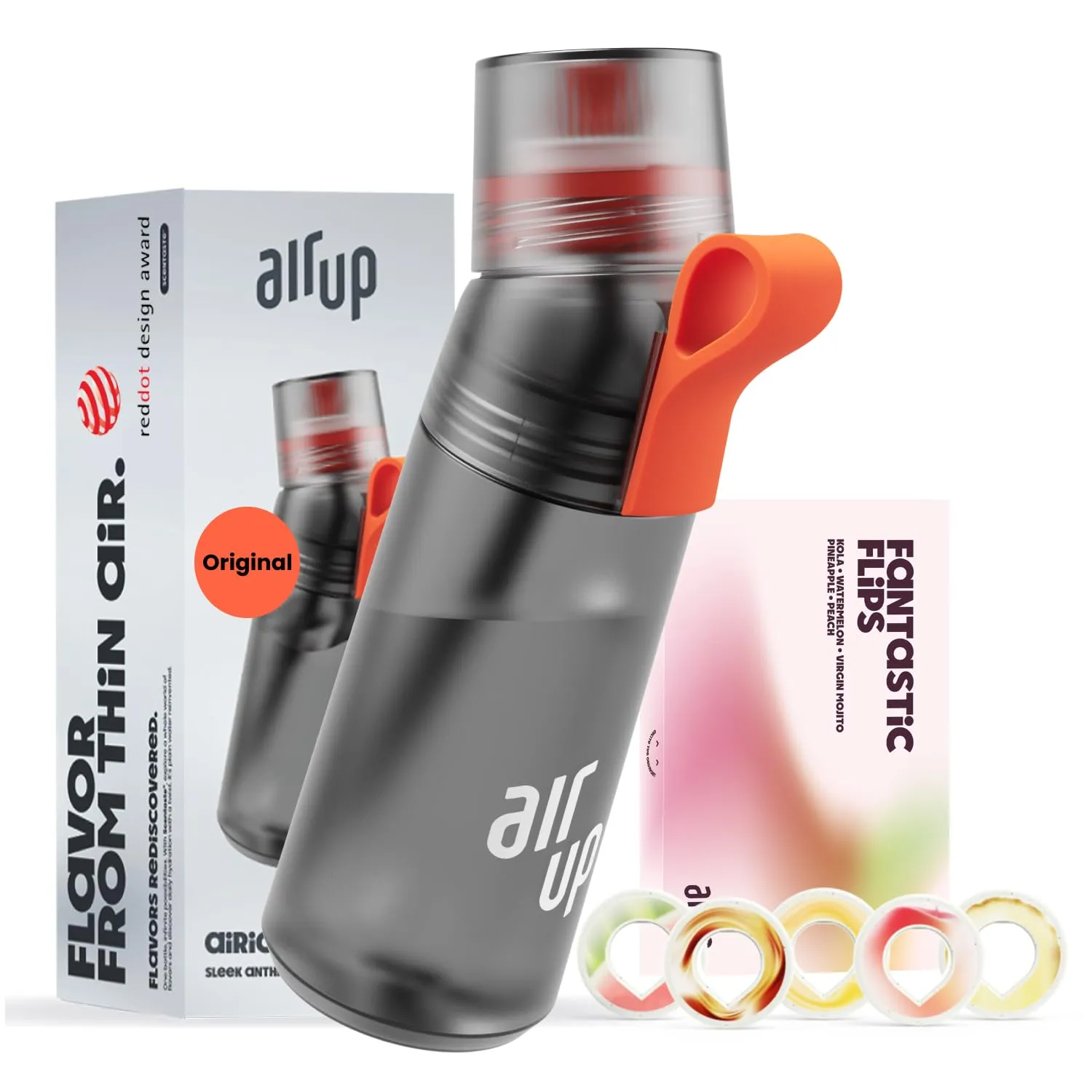 AIR UP® Borraccia Gen2 originale starter pack con cialde 5 gusti I Borraccia da 600ml con aromi senza zucchero I lavabile in lavastoviglie, senza BPA I in grigio